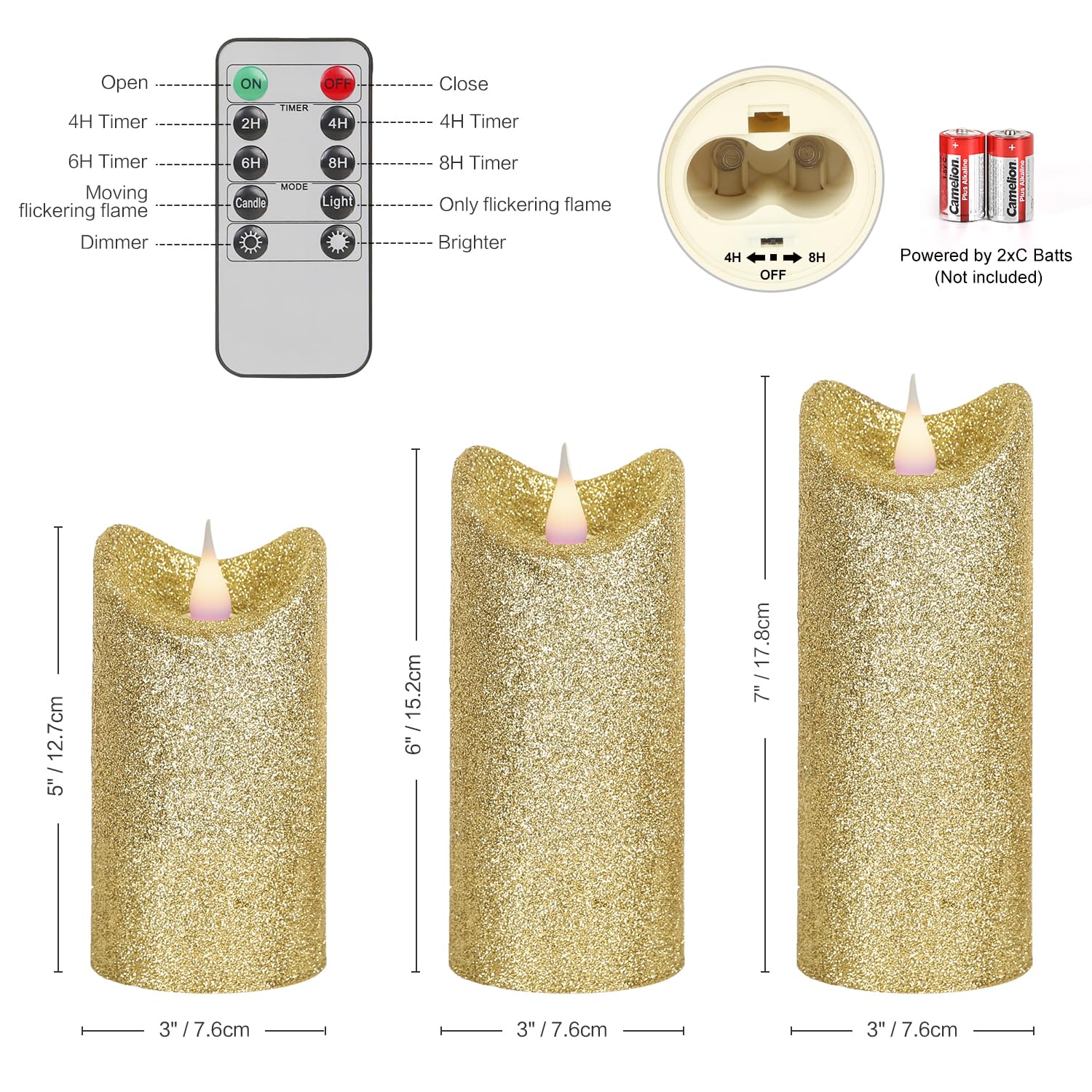 Set of 3 Gold Glitter Flameless LED Candles with Realistic Flame Effect - Battery Operated with Timer & Remote Control - Perfect for Home Decor, Weddings, Parties & Romantic Ambiance