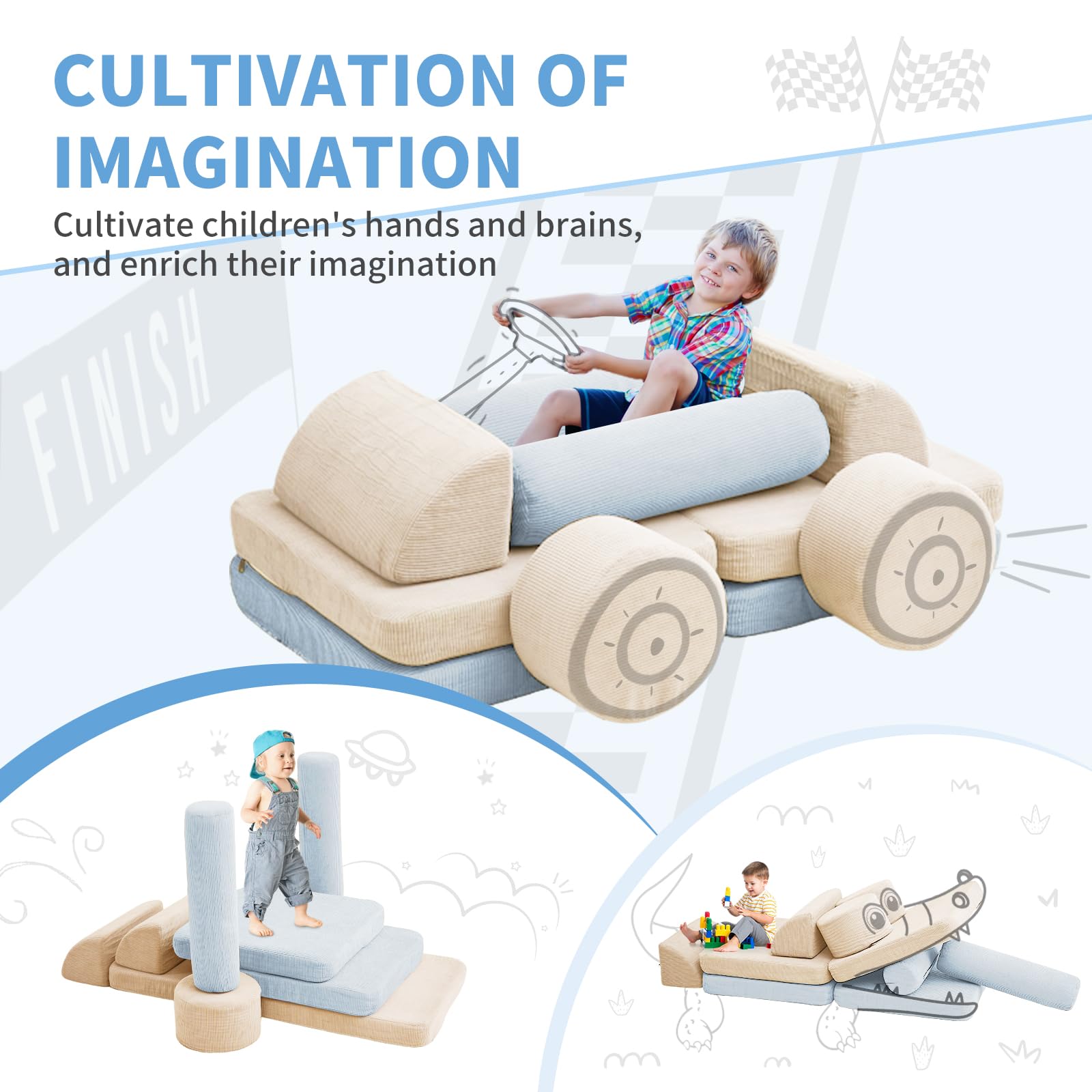 10PCS Modular Kids Play Couch Set - Soft Toddler Sofa for Boys & Girls - Playroom Furniture in Beige & Light Blue (Medium Size) - Perfect for Playtime, Reading Nook & Kids' Lounge Area