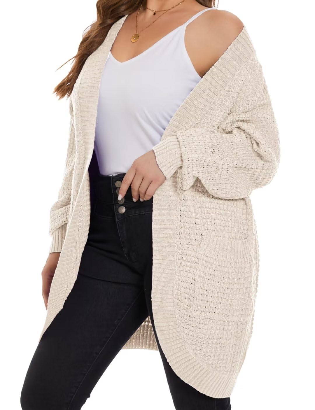 MONNURO Women's Plus Size Open Front Cardigan - Waffle Knit Long Sleeve Sweater Top with Pockets | 2024 Fall Fashion Outerwear | Cozy Lounge Wear & Office Cardigan