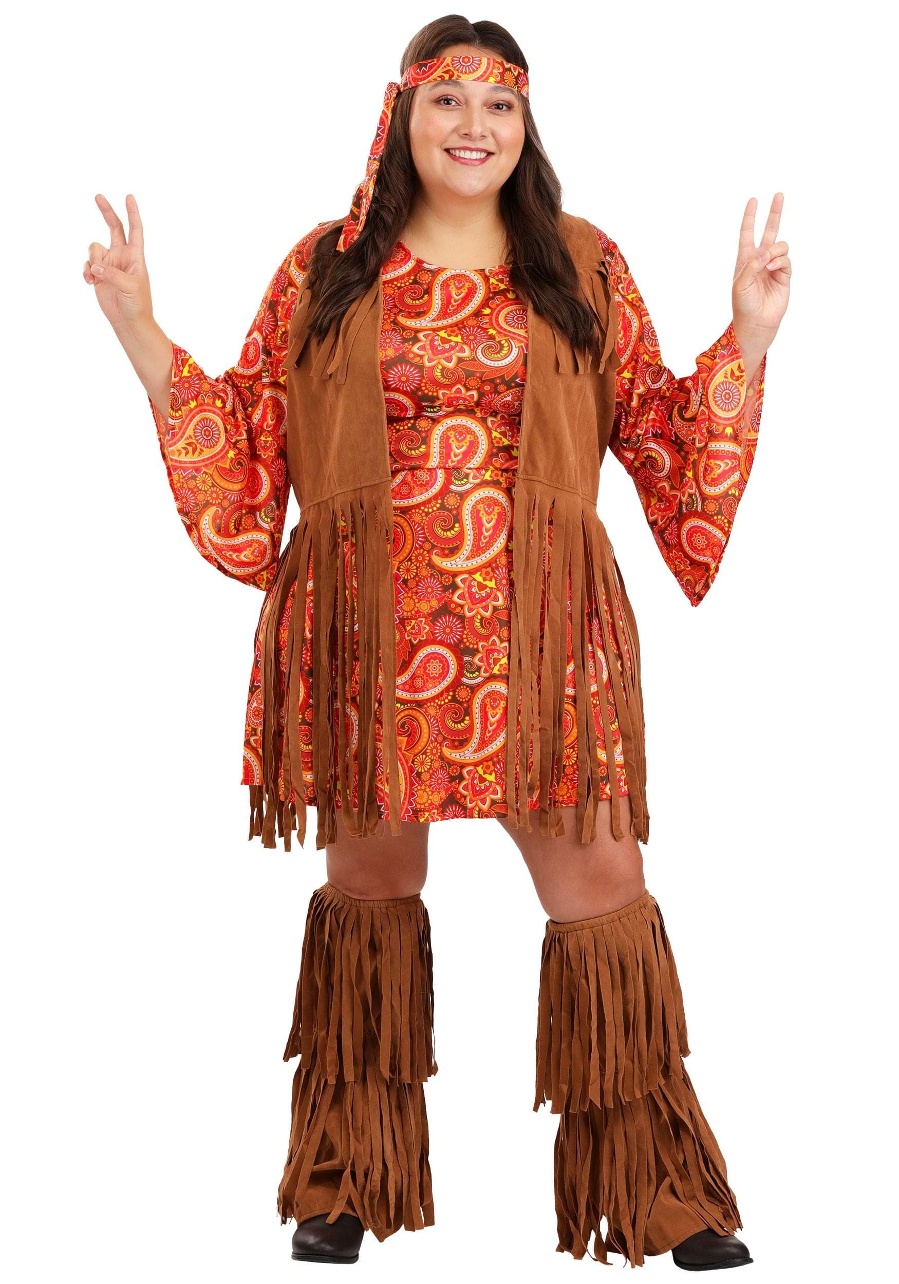 Plus Size Women's 70s Hippie Costume Set - Retro Disco Dress with Fringe Vest, Boot Covers & Headband for Halloween, Theme Parties & Cosplay