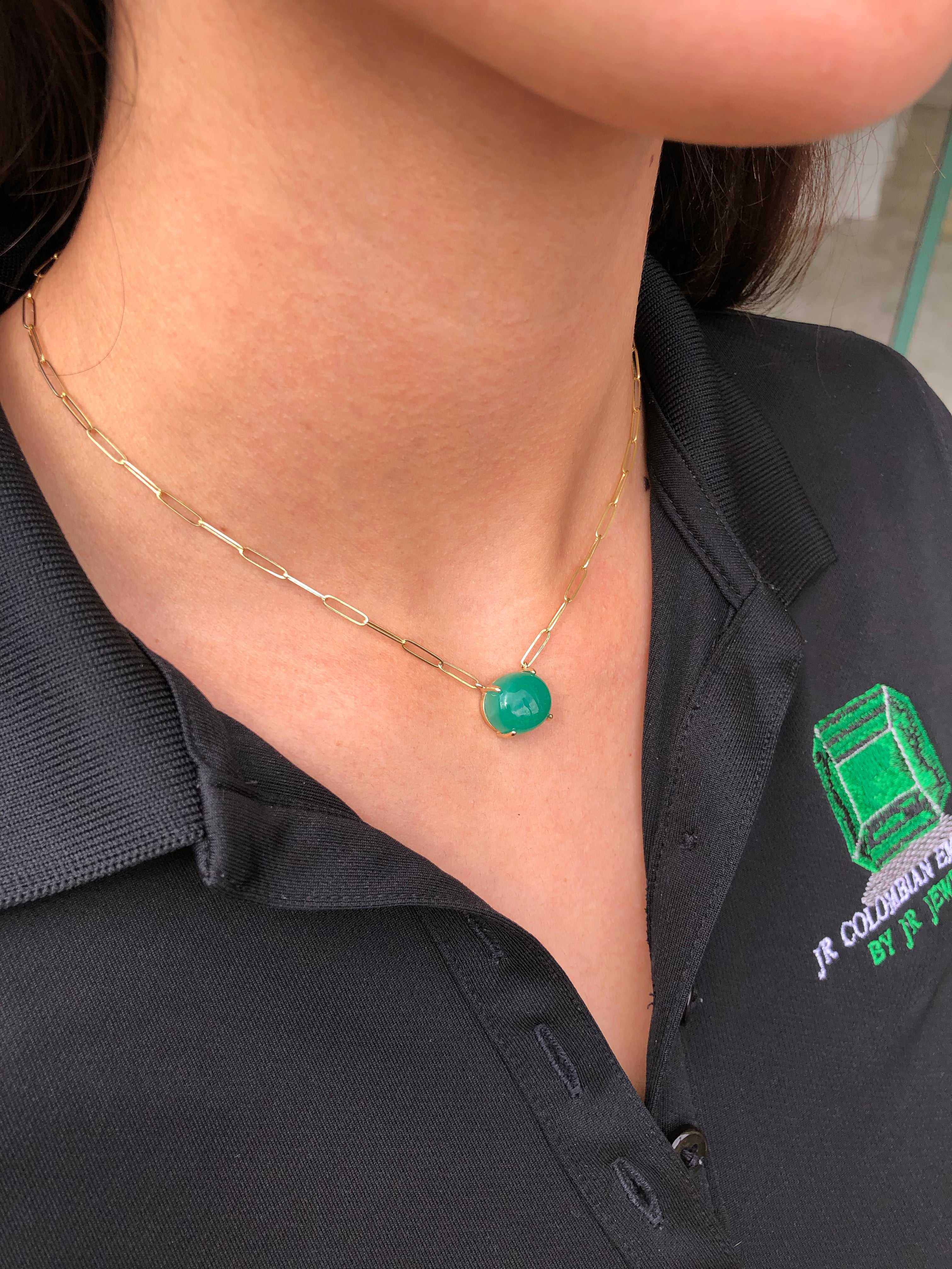 9.50 Carat Large Emerald Cabochon Stationary Paper Clip Necklace in 14K Gold - Elegant Jewelry for Office, Parties & Special Occasions