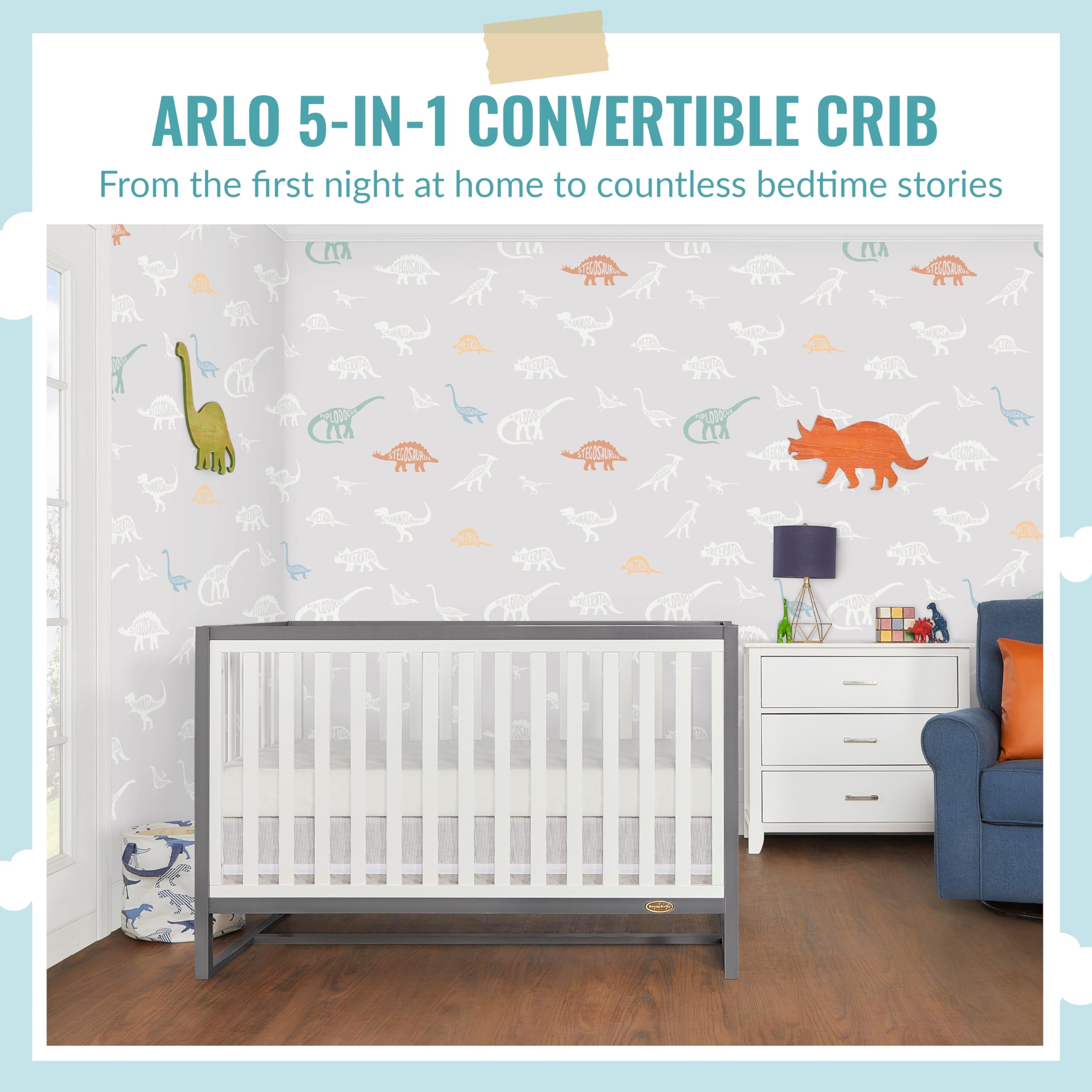 Dream On Me Arlo 5-in-1 Convertible Crib - Steel Grey & White | JPMA Certified | Adjustable Mattress Heights | Non-Toxic & Sustainable Pinewood | Nursery & Toddler Room Essential