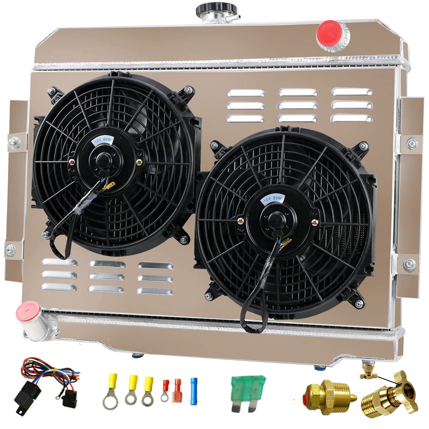 4 Row Aluminum Radiator Shroud with Fan Relay Kit for 1976-1986 Jeep CJ5 CJ6 CJ7 Scrambler 3.8L 4.2L 5.0L AT/MT - Perfect for Off-Roading, Overheating Prevention & Engine Cooling Upgrade