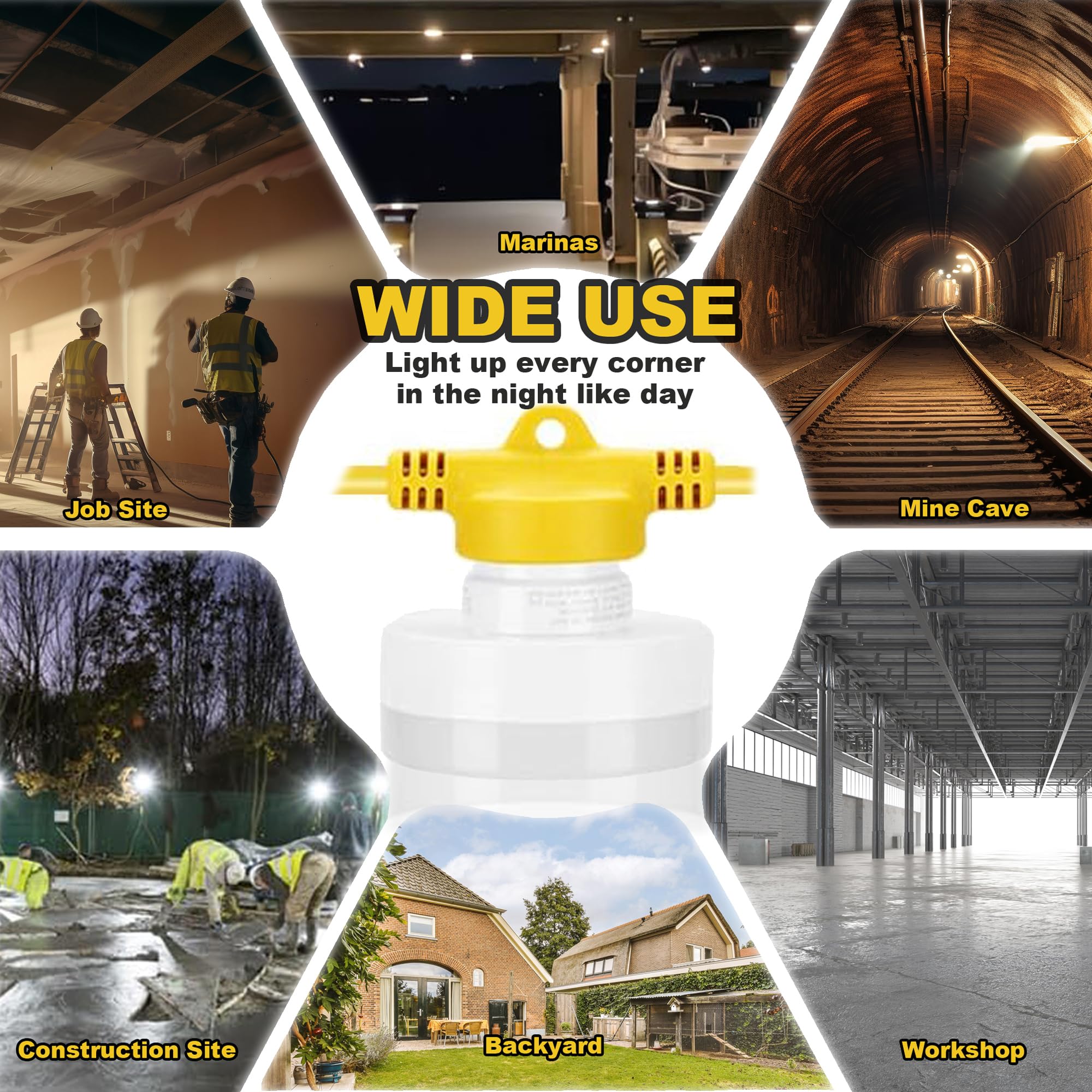 100FT LED Construction String Light - 100W 10000LM Industrial Grade Work Lights with 10 Bulbs, 5000K Daylight White for Job Sites, Renovation, Mining | Perfect for Construction Lighting, Warehouse Illumination & Emergency Temporary Lighting