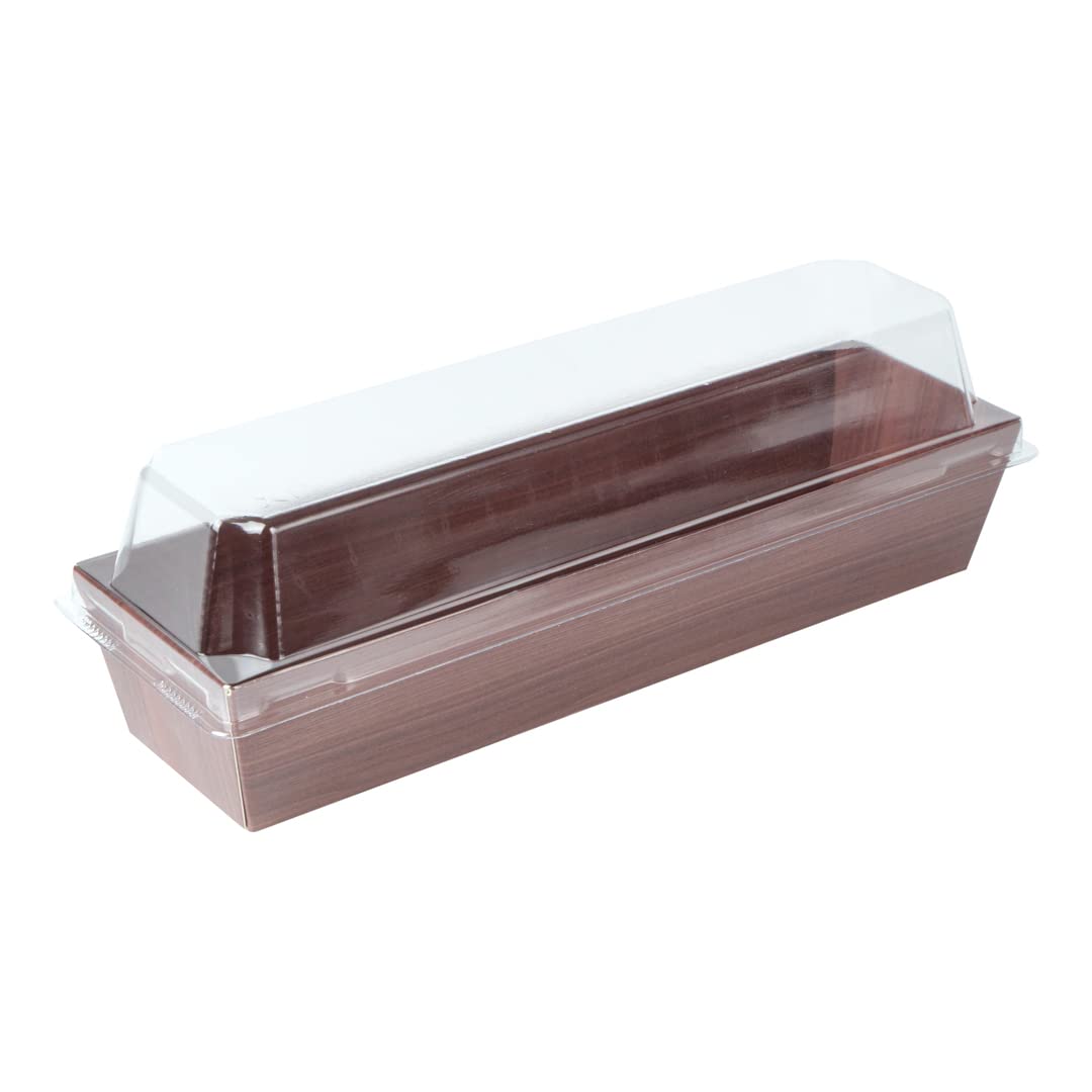 Restaurantware Matsuri Vision 6.5 x 1.7 x 1.4 Inch Disposable Sushi Trays - 100 Greaseproof Wood Grain Paper Sushi Containers for Appetizers, Desserts & Takeout (Lids Sold Separately) | Perfect for Japanese Restaurants, Catering & Food Delivery
