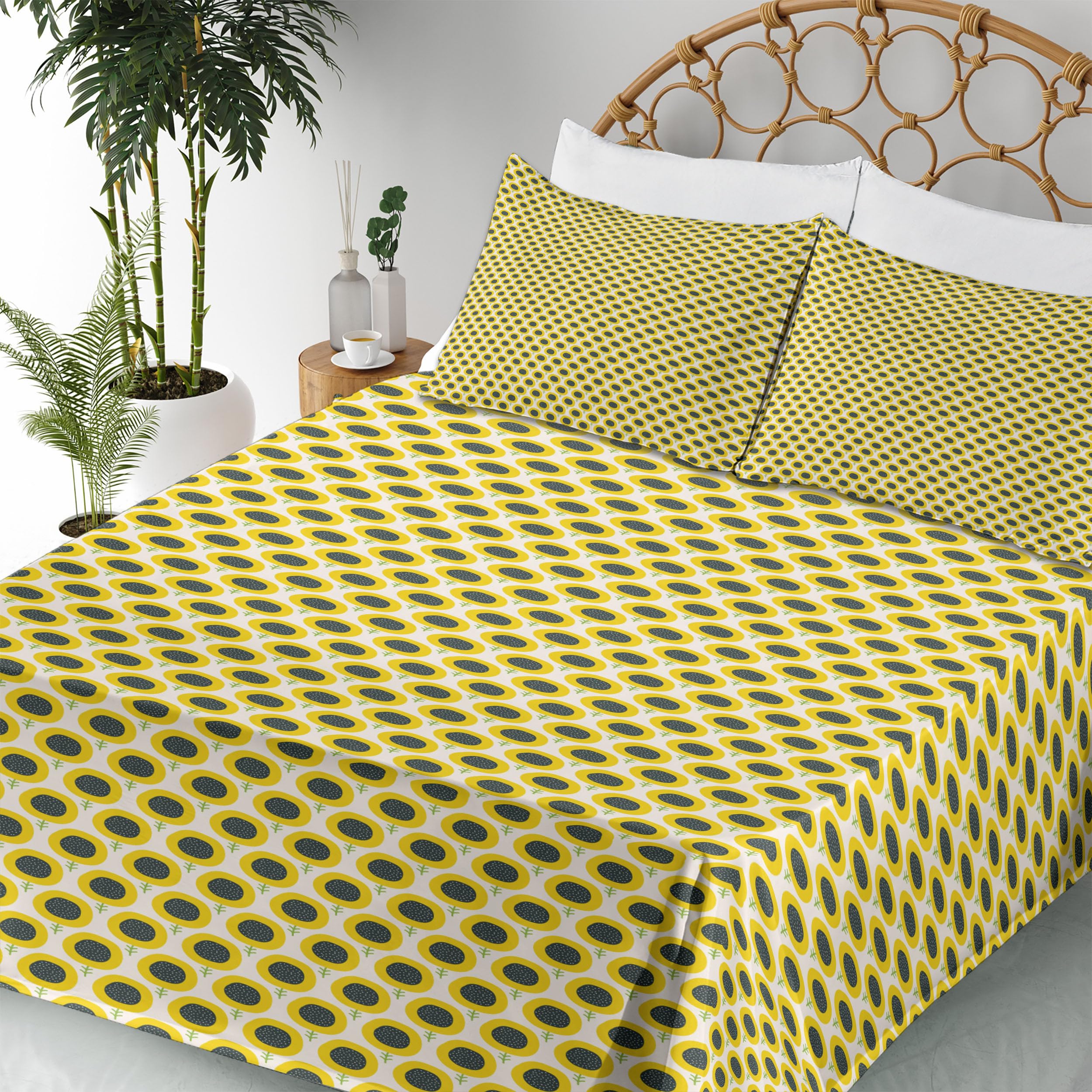 Ambesonne Floral Sheet Set 4-Piece King Size - Doodle Sunflowers Harvest Design, Dark Teal Green & Yellow - Fitted & Flat Sheets with Pillowcases - Perfect for Playroom, Gardening Theme Bedroom or Boho Chic Decor