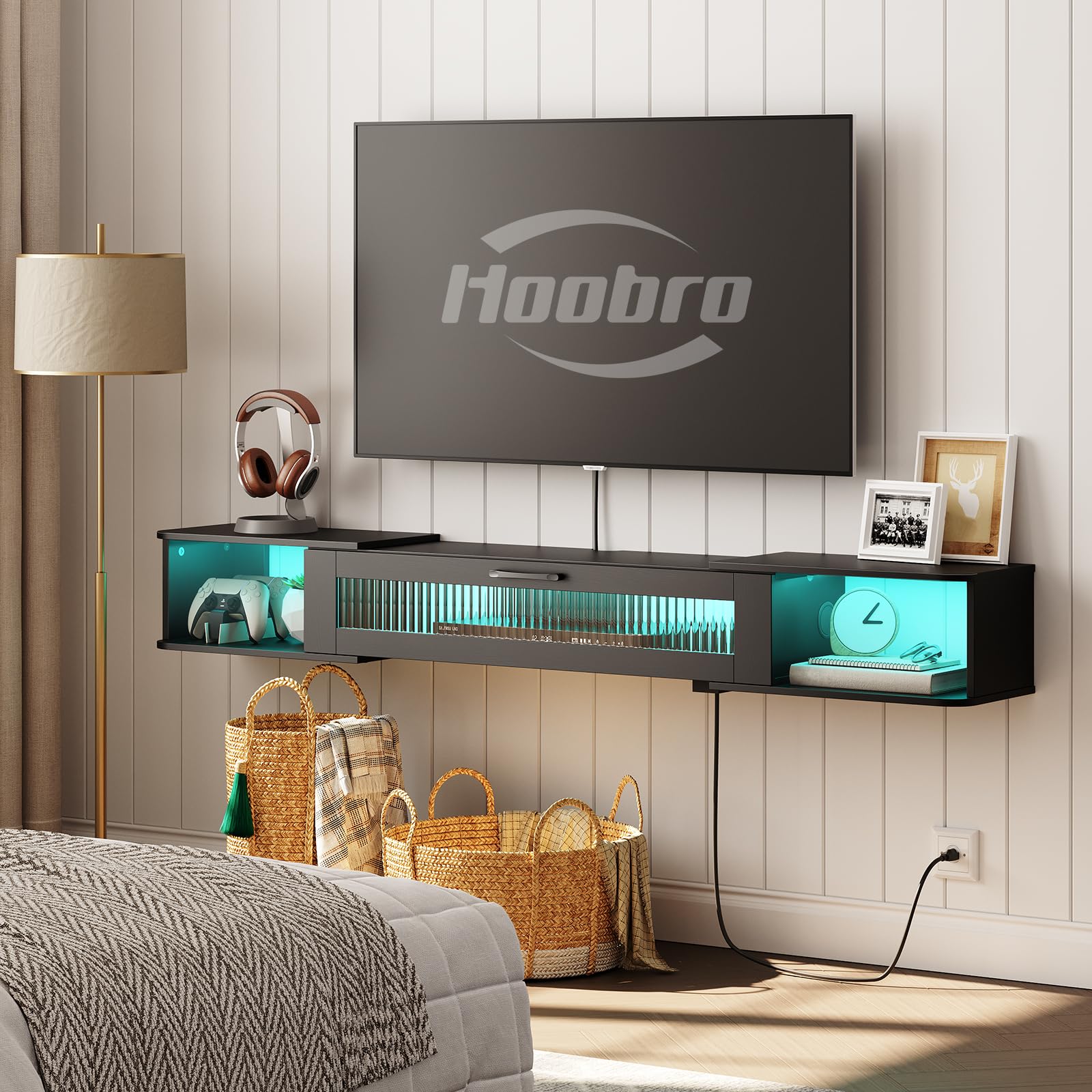 HOOBRO Floating TV Stand with LED Lights & Power Outlet for 75