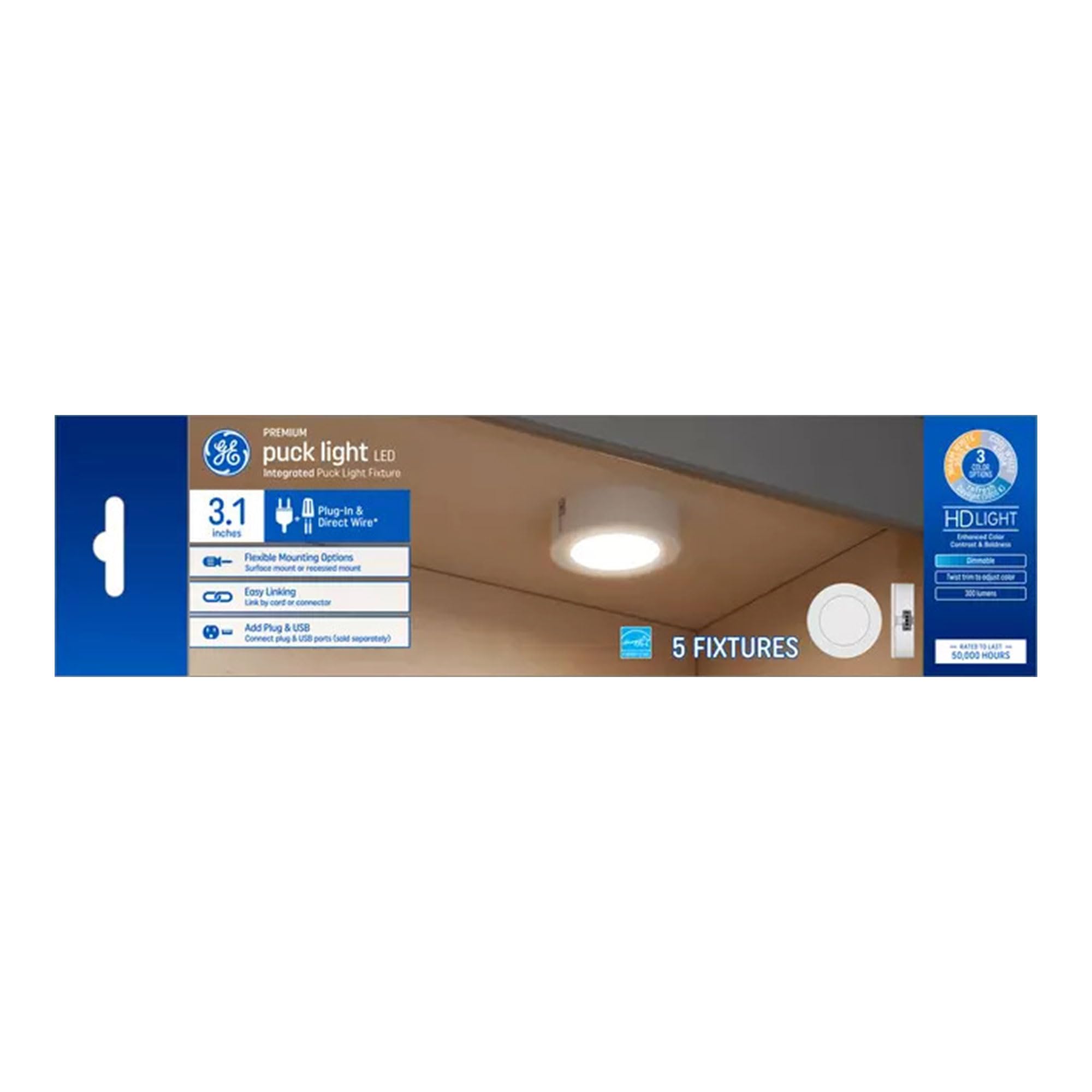 GE 5-Pack Dimmable LED Puck Lights - 4W, 3000-5000K Color Temperature, 50,000 Hours Lifespan, White Plastic Ceiling Mount for Kitchen, Closet & Cabinet Lighting