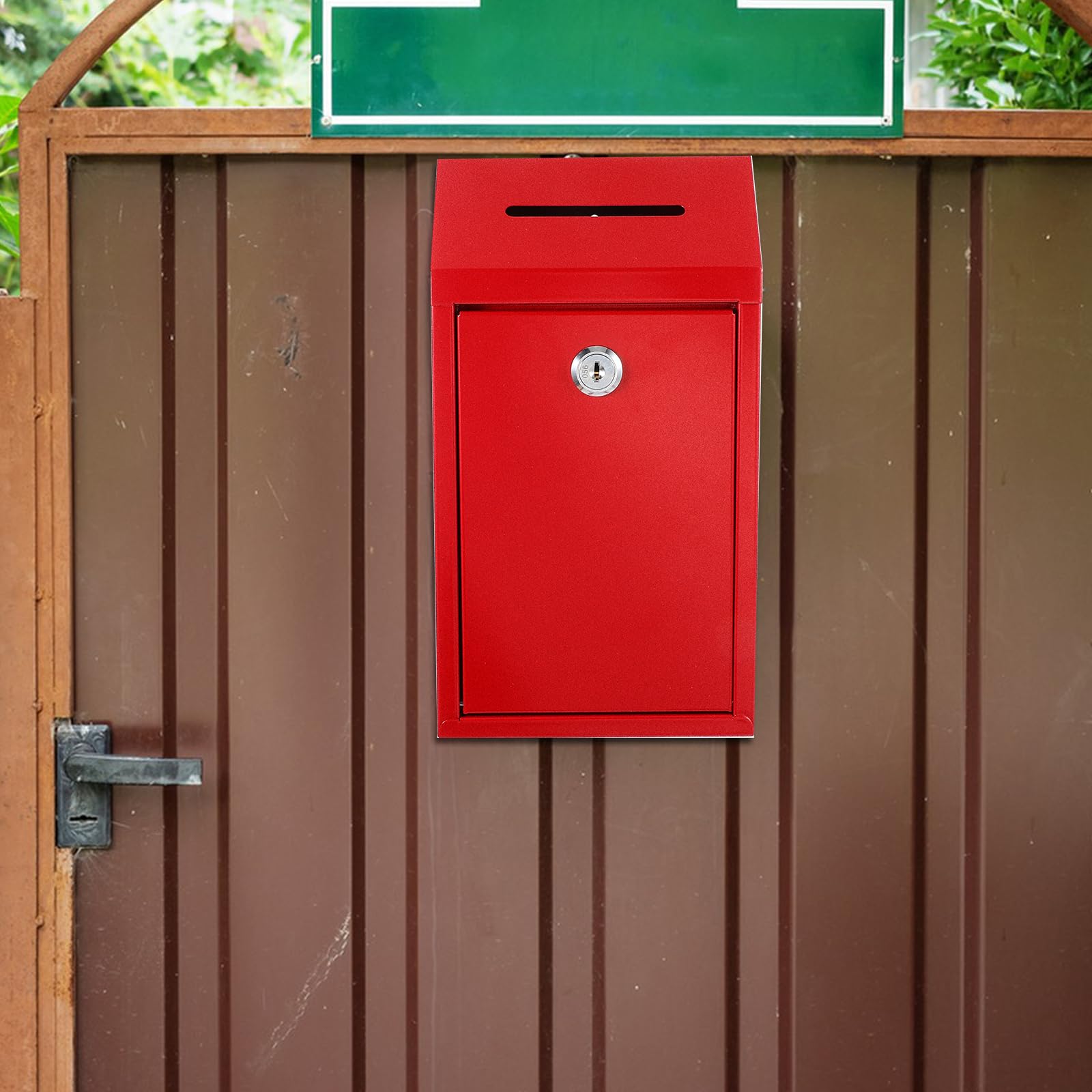 Secure Metal Locking Donation Box with Key - Wall Mounted Suggestion, Mail & Ballot Drop Box for Home, Office & Outdoor Use, 10.24 x 8.66 x 3.15 Inches (Red) - Perfect for Secure Document Collection, Voting & Key Exchange