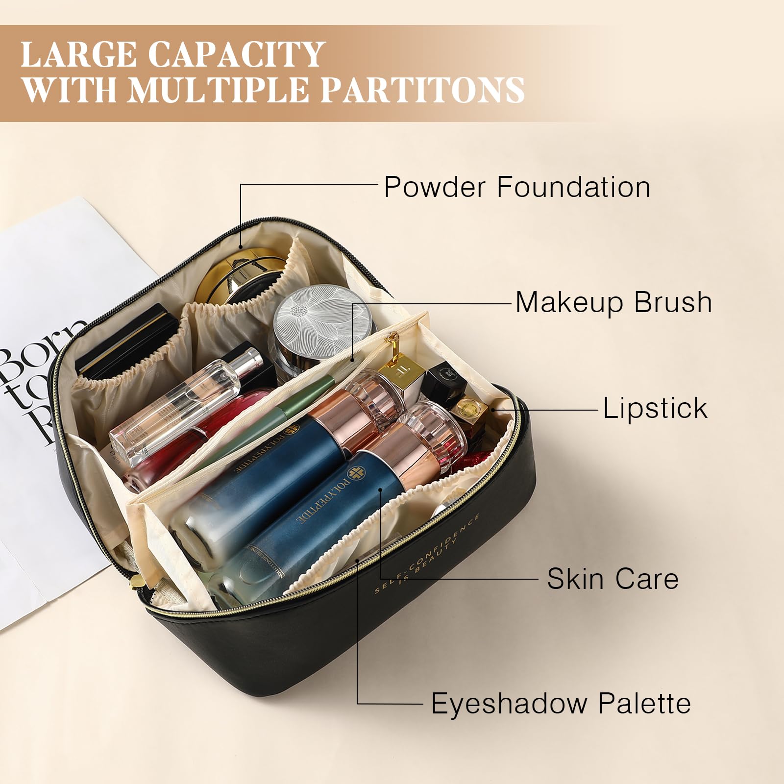 DOFOWORK Makeup Bag for Women - Waterproof Travel Cosmetic Organizer with Divider, Handle & PU Leather - Washable Flat Open Design - Perfect for Travel, Gym & Daily Makeup Storage