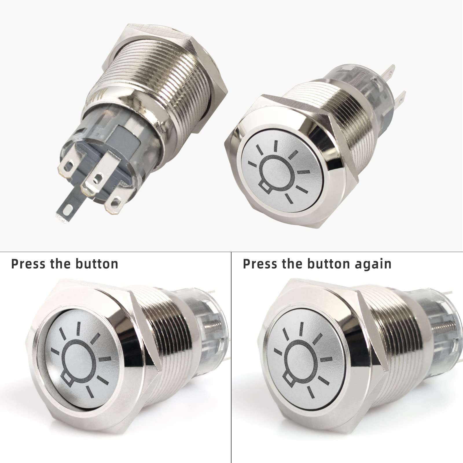 19mm Latching Metal Push Button Switch with Light Bulb Symbol - White LED Illumination, 5-Pin Waterproof Self-Locking Switch (12V/24V) with Cable Socket - Perfect for Marine, Industrial Equipment & Automotive Control Panels