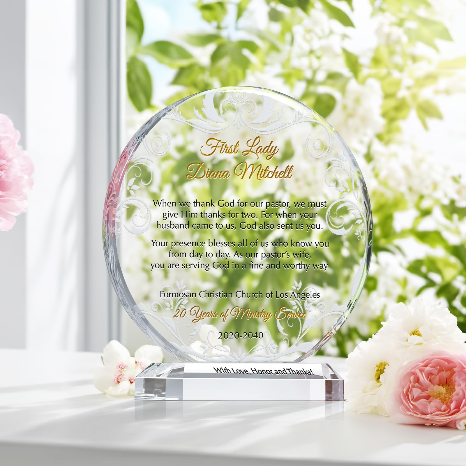 Custom Personalized Crystal Pastor's Wife Thank You Gift Plaque - Engraved with First Lady & Church Name - Unique Christian Appreciation Gift for Women of God - Perfect for Mother's Day, Christmas, Ordination Anniversaries - 8 Inch Elegant Keepsake for Church Leaders & Spiritual Mentors