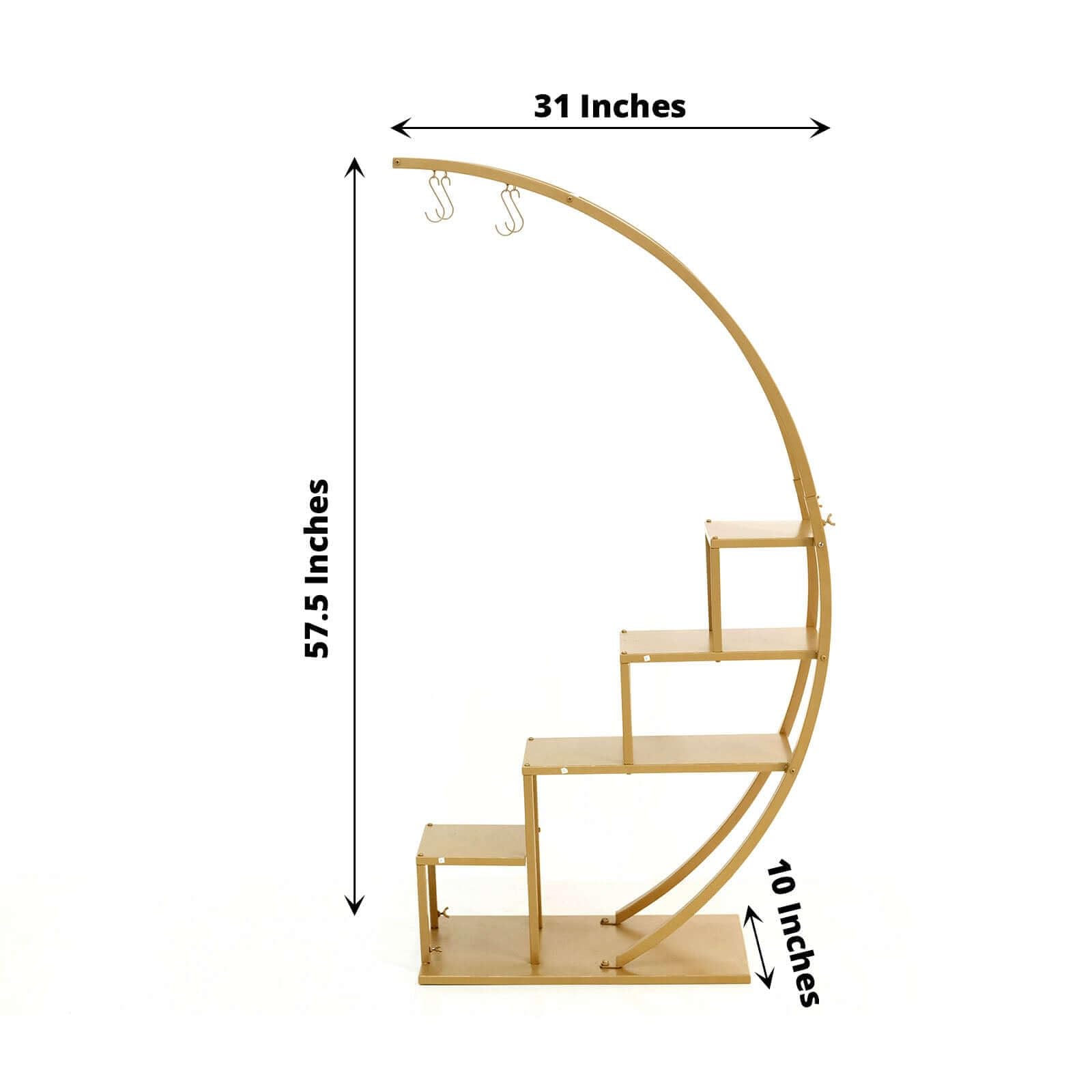 Efavormart 4.5ft Gold Metal 4-Tier Half Moon Plant Shelf with Hanging Hooks - Cupcake Dessert Display Stand for Home Decor, Wedding, Party & Retail Store Display