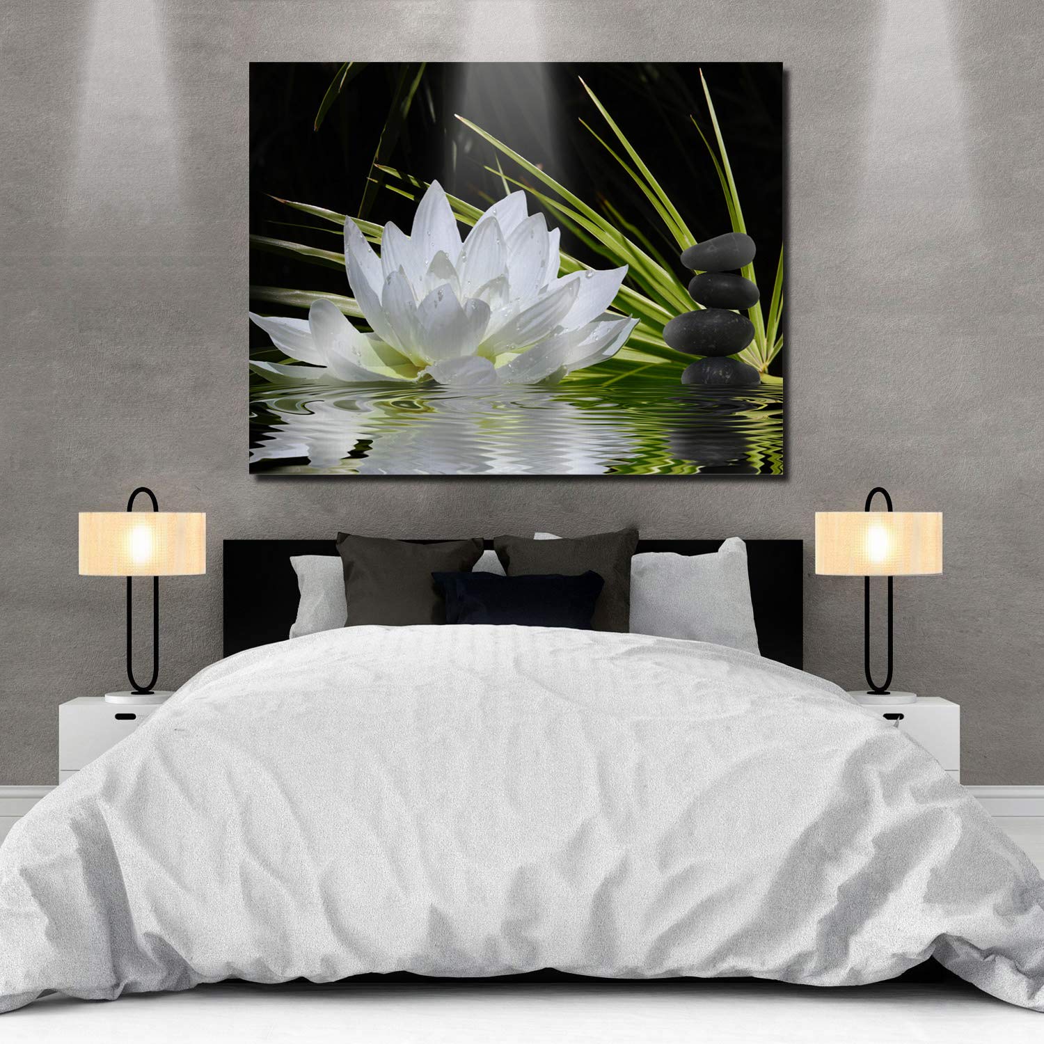 White Lotus and Black Zen Stones Canvas Wall Art - Modern Framed Gallery Print 24x36 Inches - Ready to Hang Home Office Decor for Meditation Spaces & Contemporary Interiors