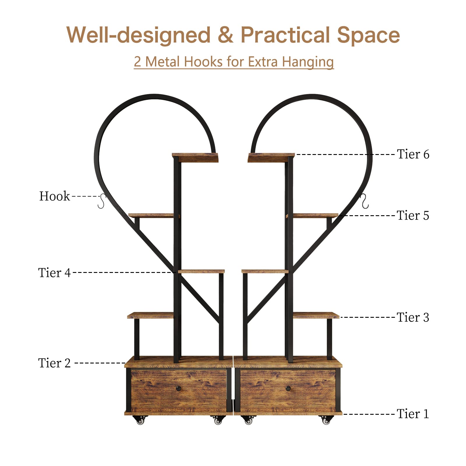 5-Tier Tall Heart-Shaped Metal Plant Stand with Wheels & Hanging Hooks - Rustic Brown Indoor Plant Shelf for Living Room, Balcony, Garden - Farmhouse Style Wooden Plant Display (2 Pack) - Perfect for Small Space Decor & Vertical Gardening