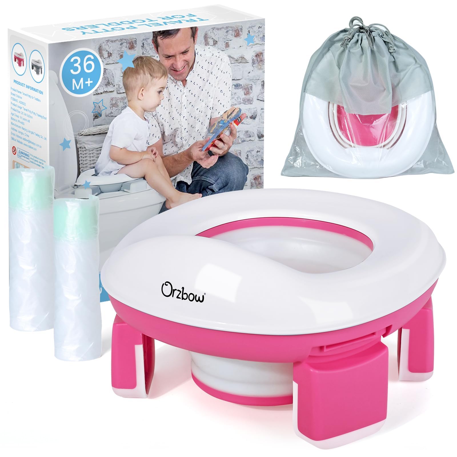 Orzbow Foldable Travel Potty Chair for Toddlers - Portable Kids Training Toilet Seat with Splash Guard, Storage Bag & 40 Disposable Bags | Perfect for Car Trips, Camping & Outdoor Adventures (Pink)