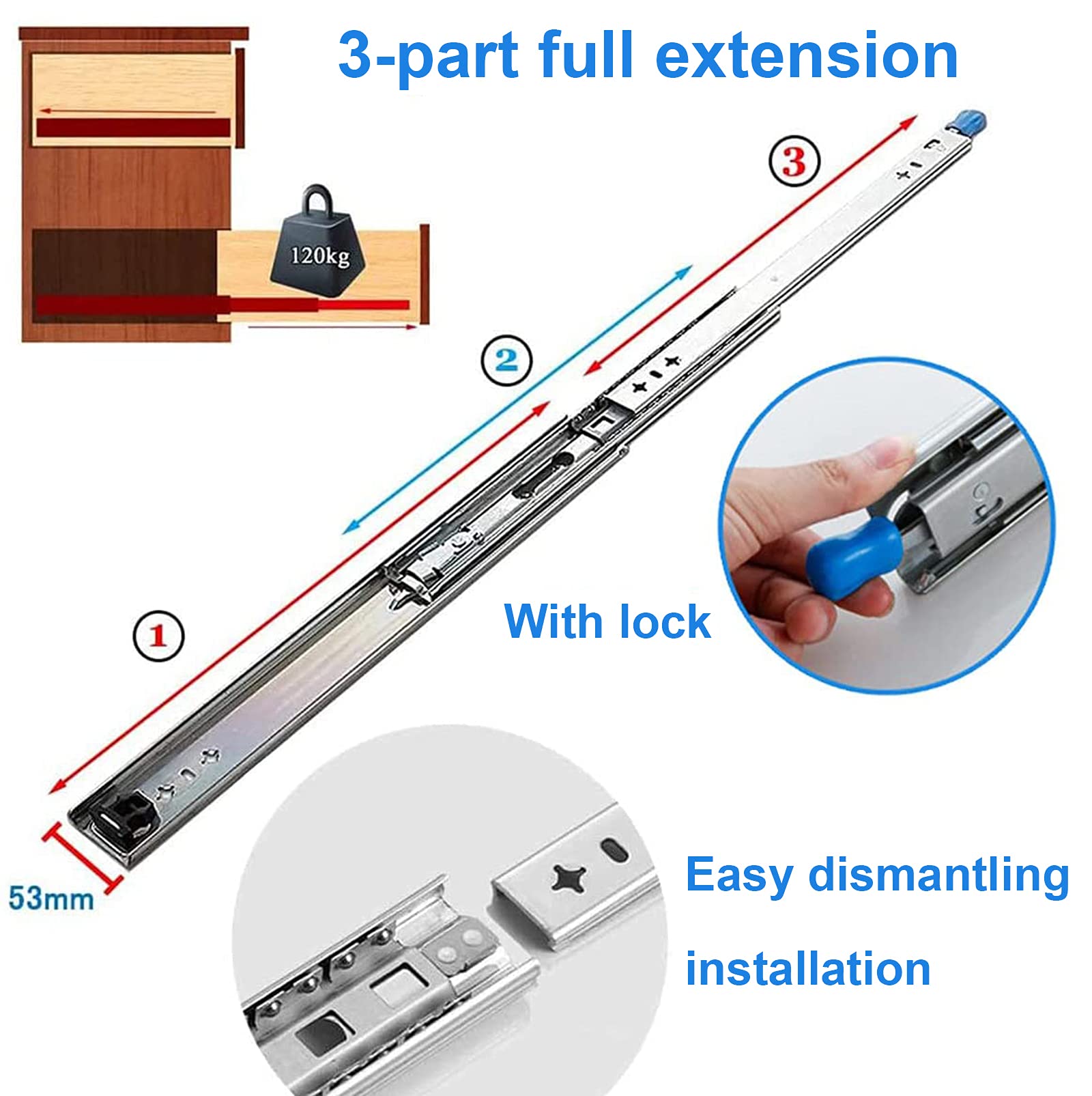 Heavy Duty Full Extension Drawer Slides with Lock - 120kg Bearing Capacity Telescopic Runners (1 Pair, 48in/1200mm) - Perfect for Kitchen Cabinets, Office Furniture, and Storage Organization