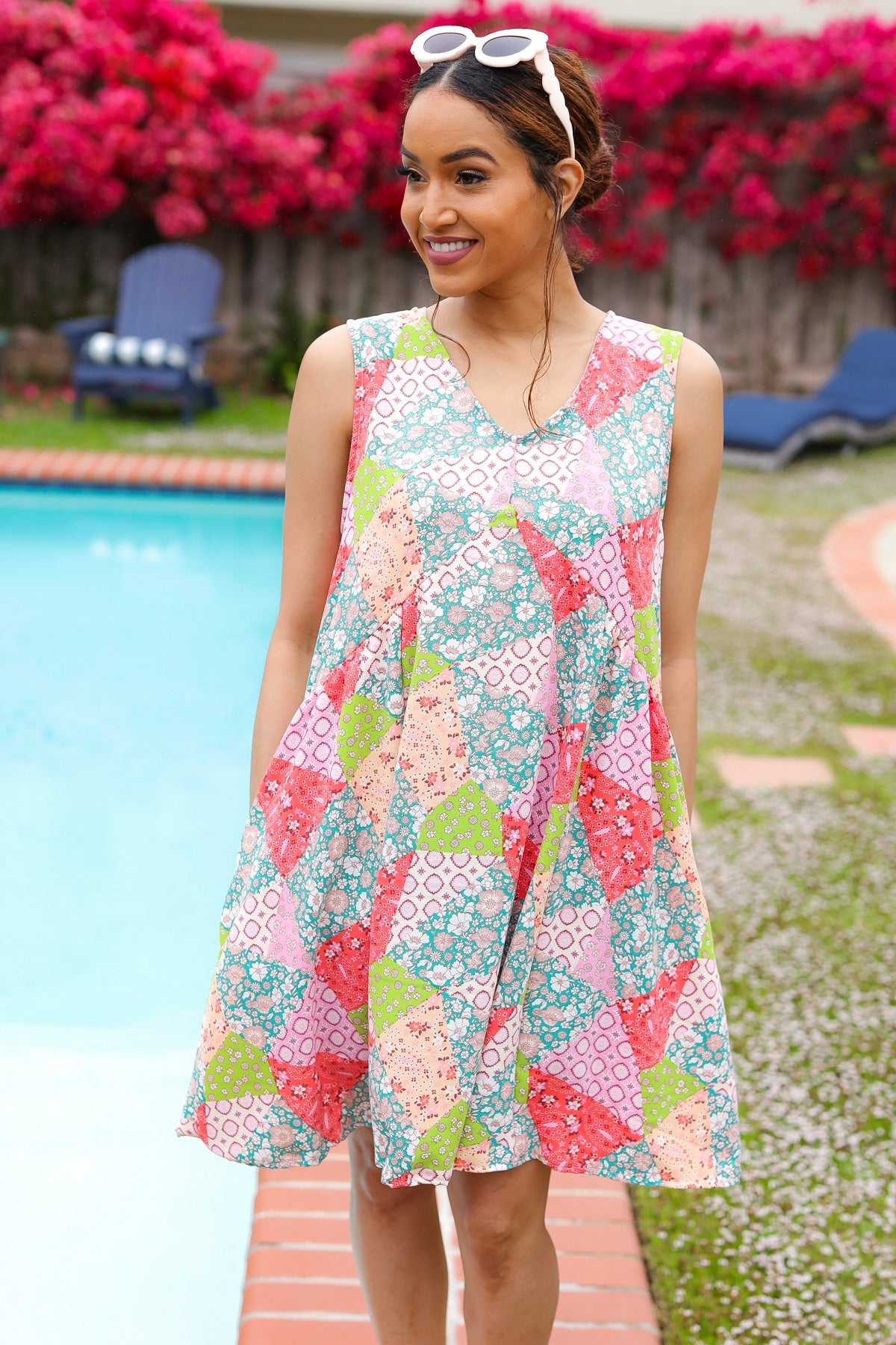 Hello Beautiful Peach & Sage Patchwork Babydoll Swing Dress - Flowy Summer Dress for Women, Boho Chic Midi Dress with Floral Print | Perfect for Beach Vacations, Date Nights & Outdoor Parties