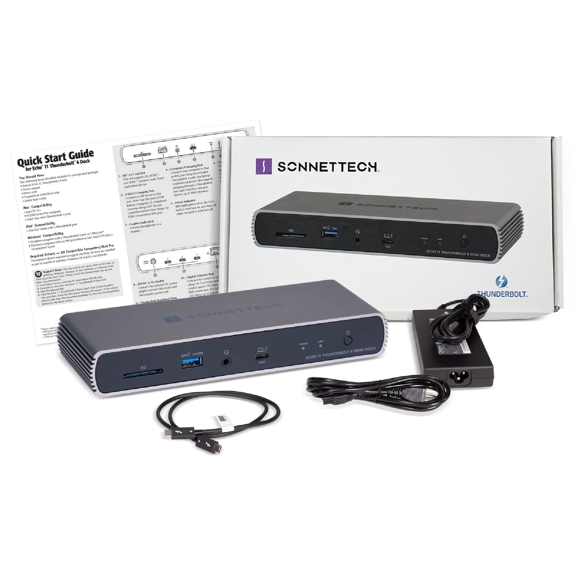 Sonnet Echo 11 Thunderbolt 4 HDMI Dock - 4K Dual Monitor Adapter with 90W Charging, USB-C Hub for MacBook Pro/Air, Windows Laptops - Perfect for Home Office & Video Editing Setup