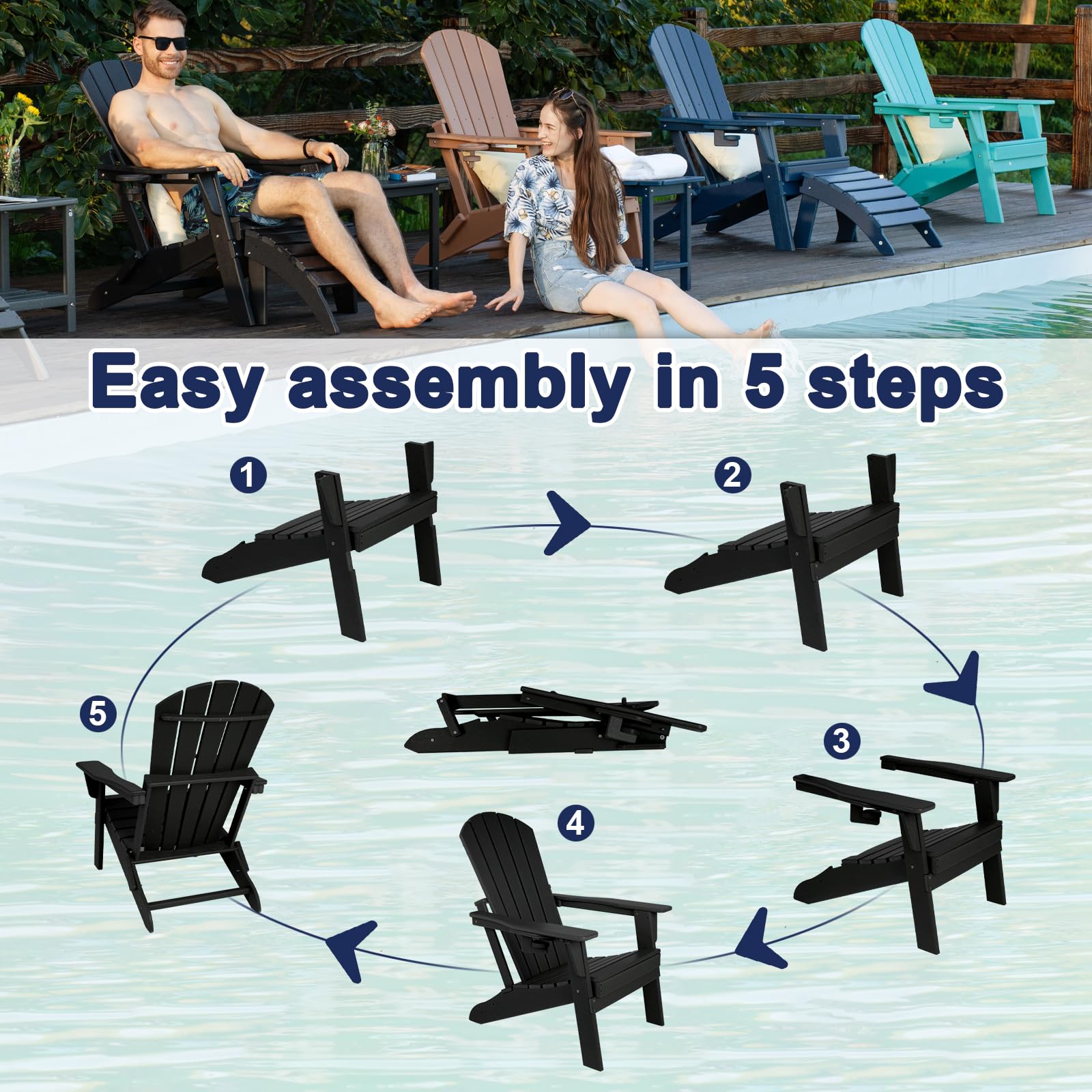 Premium Folding Adirondack Chair with Ergonomic Backrest - Heavy Duty 400lbs Capacity All-Weather HDPE Material - Low Maintenance Outdoor Patio Furniture with Cup Holder (Black) - Perfect for Backyard, Garden, Poolside & Camping Relaxation