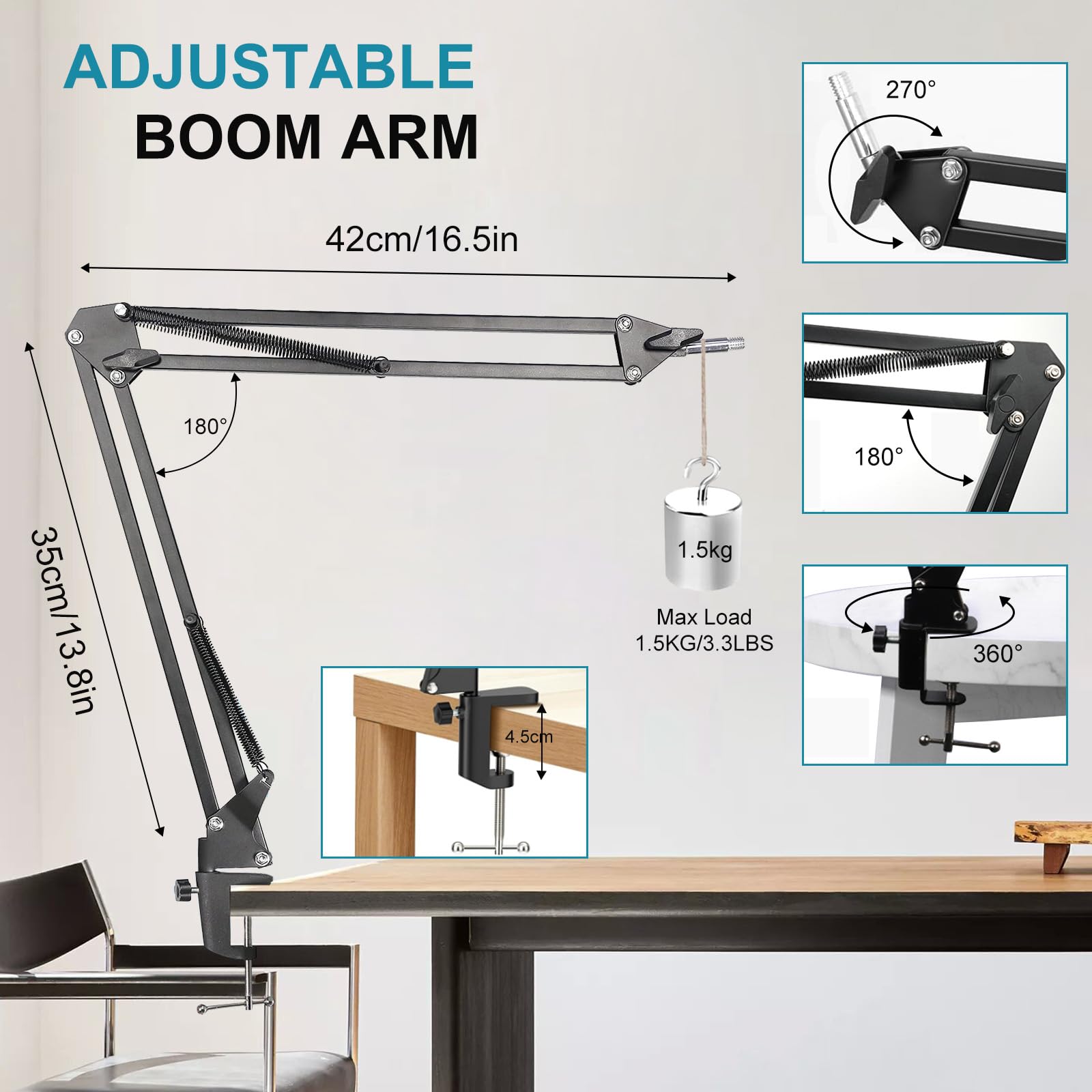 Adjustable 360° Rotating Microphone Boom Arm Stand - Compatible with Blue Yeti, HyperX QuadCast, Snowball Mics - Perfect for Recording, Podcasting & Gaming Setup