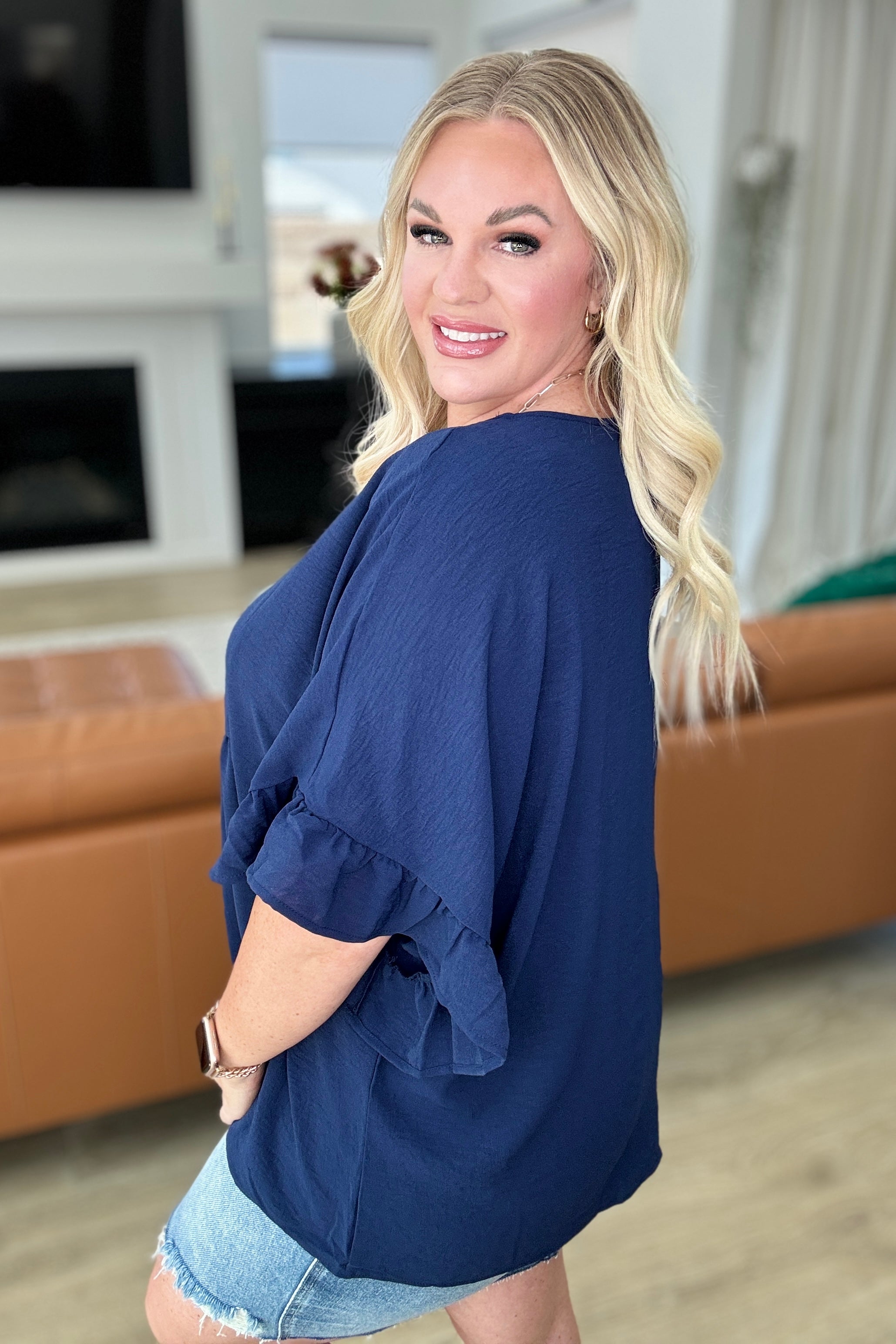 Navy Airflow Peplum Ruffle Sleeve Blouse - Breathable Summer Women's Top for Casual Outings & Date Nights