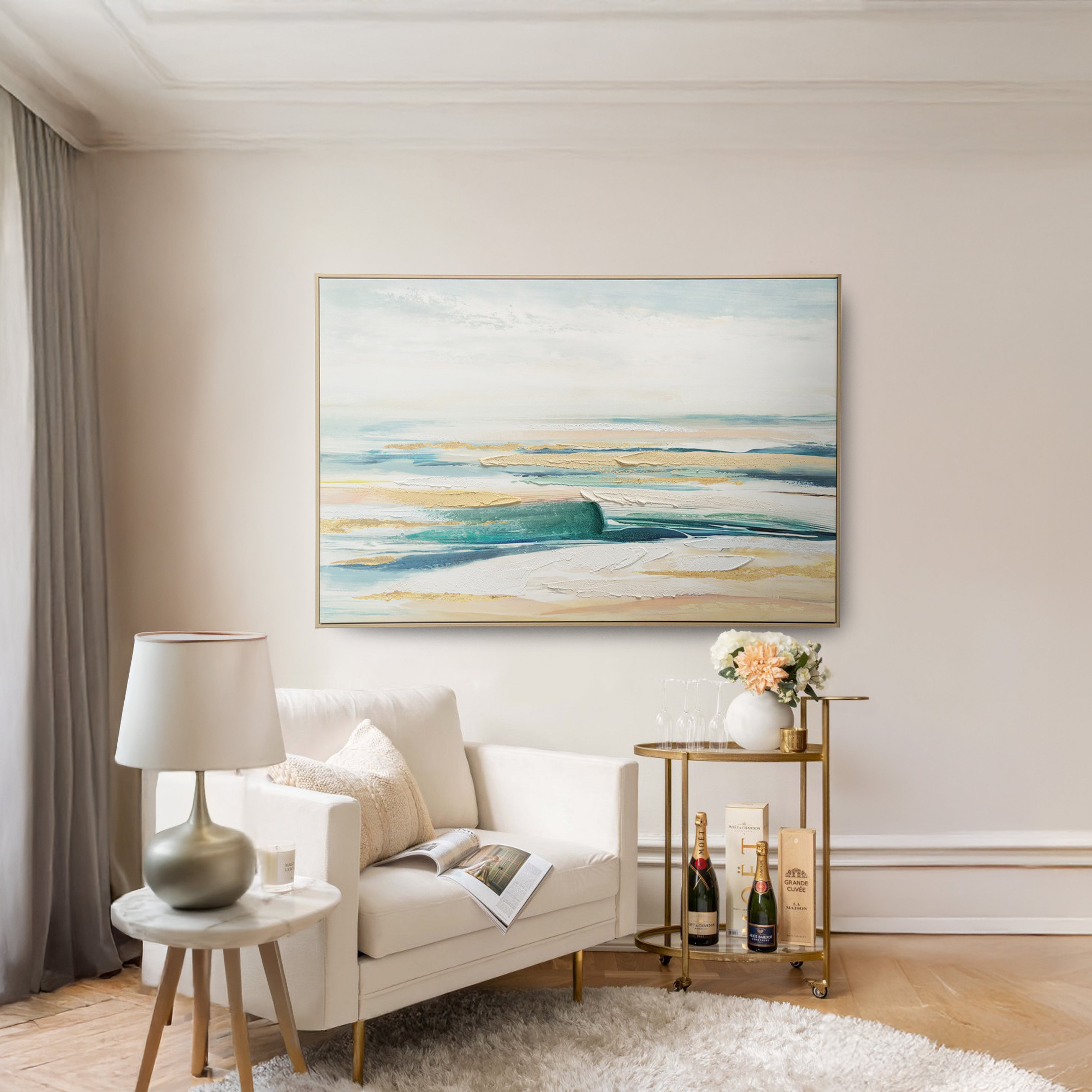 Urban Style Abstract Coastal Brushmarks Embellished Canvas Wall Art - Perfect for Beach House, Living Room & Office Decor
