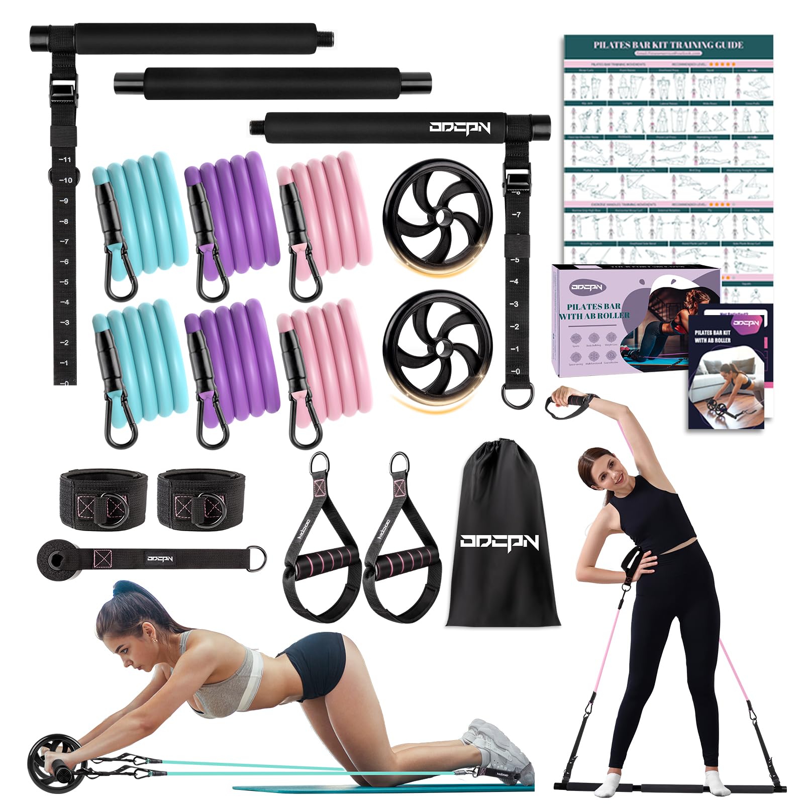 Pilates Bar Kit with Resistance Bands - Multifunctional Exercise Bar with Ab Roller for Pilates, Abs & Weight Loss - Portable Home Gym Equipment for Full Body Workout - Perfect for Women's Fitness & Home Training