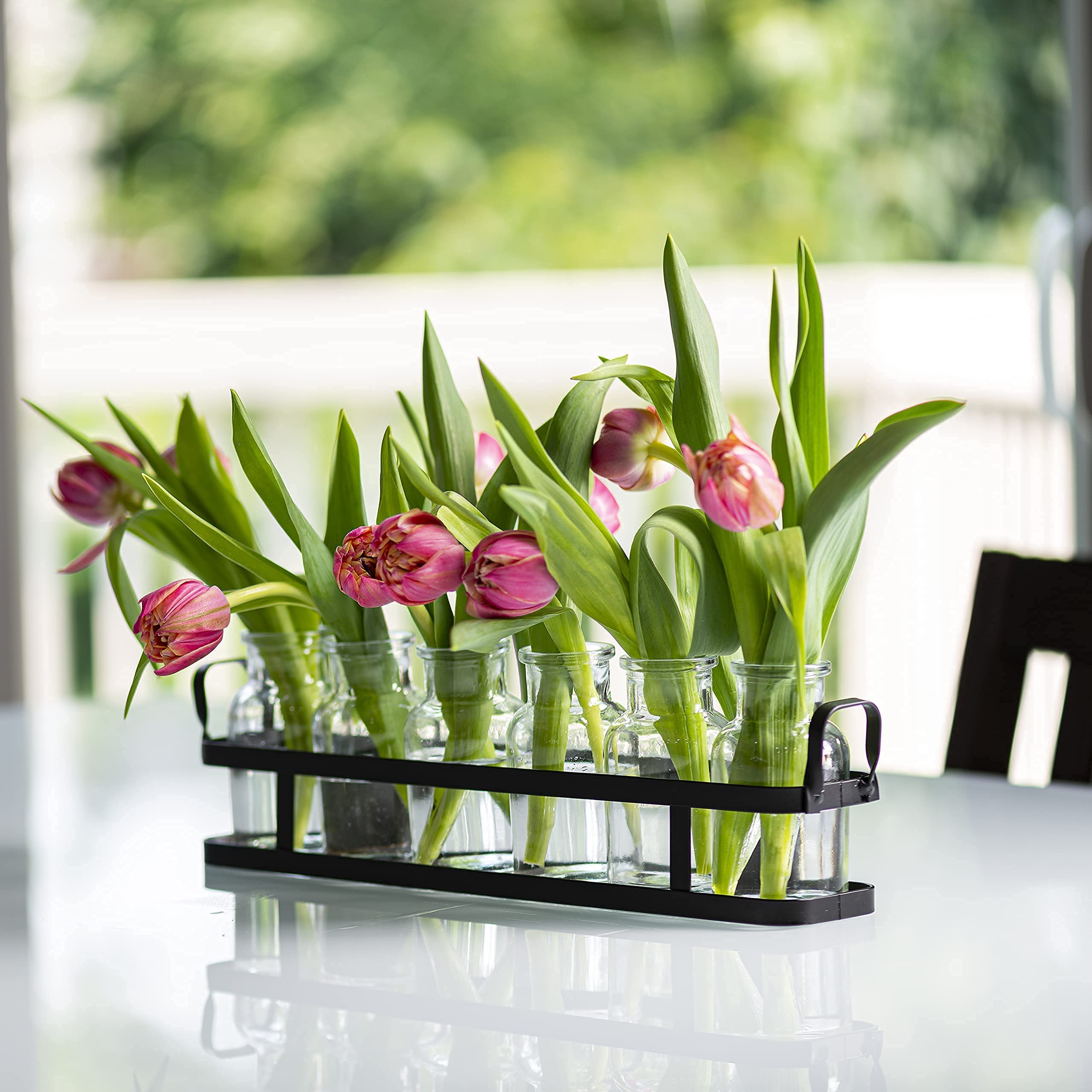 6-Piece Glass Flower Vase Set with Metal Holder - Modern Home Decor for Wedding, Table, Kitchen, Bathroom & Bedroom - Perfect for Flower Arrangements & Shelf Decor (Ideal for Centerpieces, Gift Giving & Interior Design Styling)