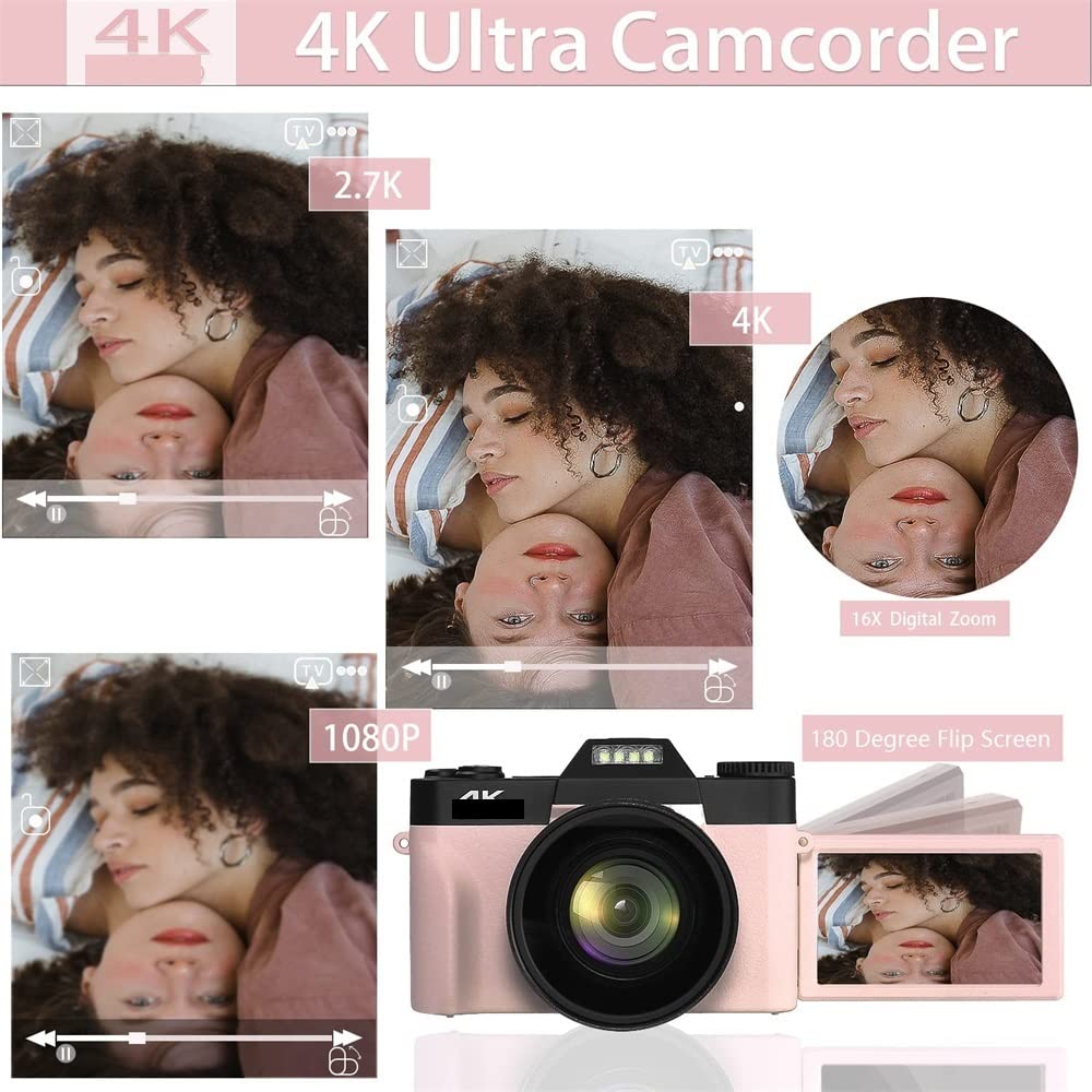BODORME 4K Digital Camera 48MP 16X Zoom Video Recorder with Wide Angle Lens, Auto Focus & Face Detection - Perfect for Vlogging, Photography, Webcam & Selfies (No TF Card Included)