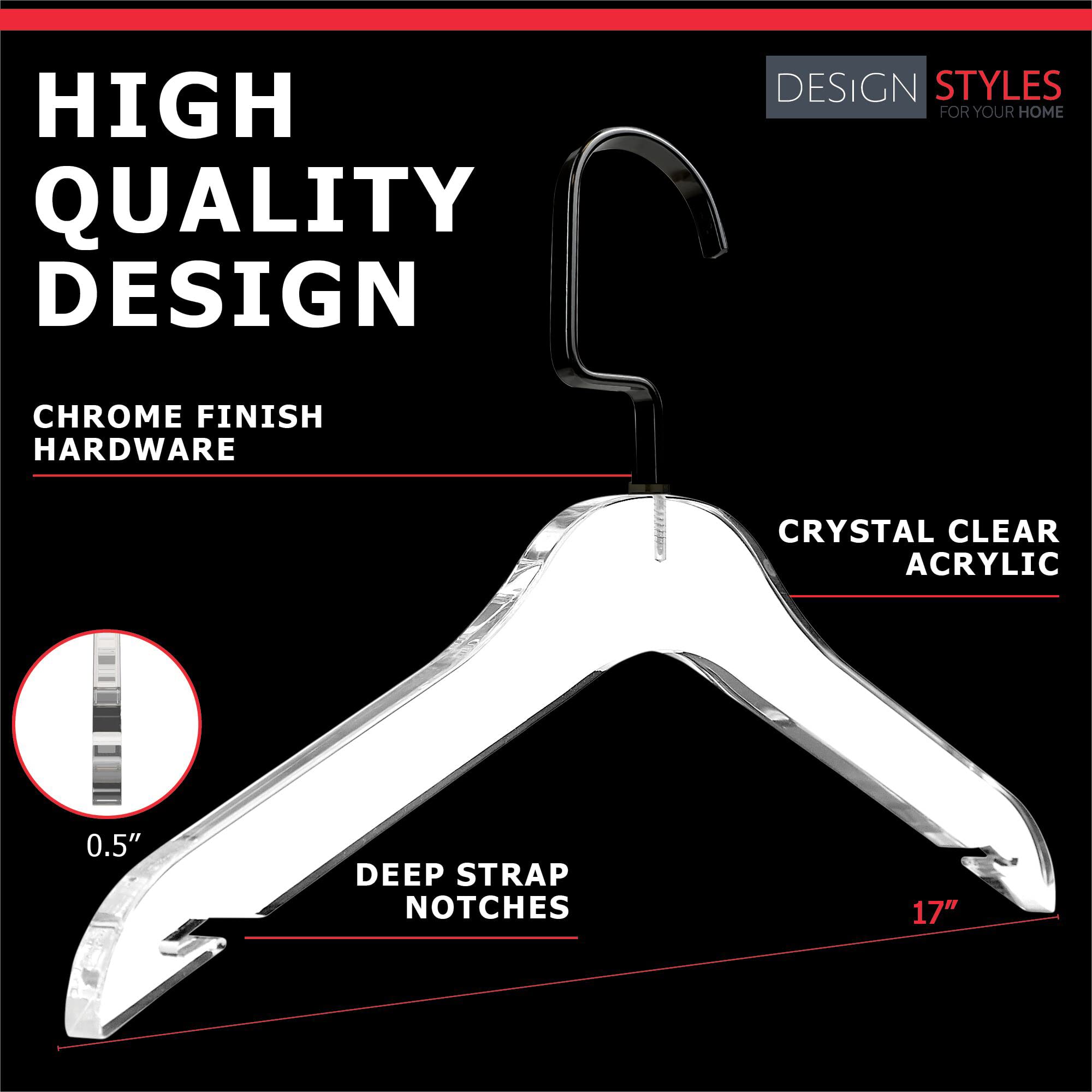 10 Pack Clear Acrylic Clothes Hangers with Chrome Plated Steel Hooks - Heavy Duty Non-Slip Closet Organizer for Suits, Jackets & Sweaters - Stylish Shiny Black Designstyles Hangers for Wardrobe Organization & Clothing Protection