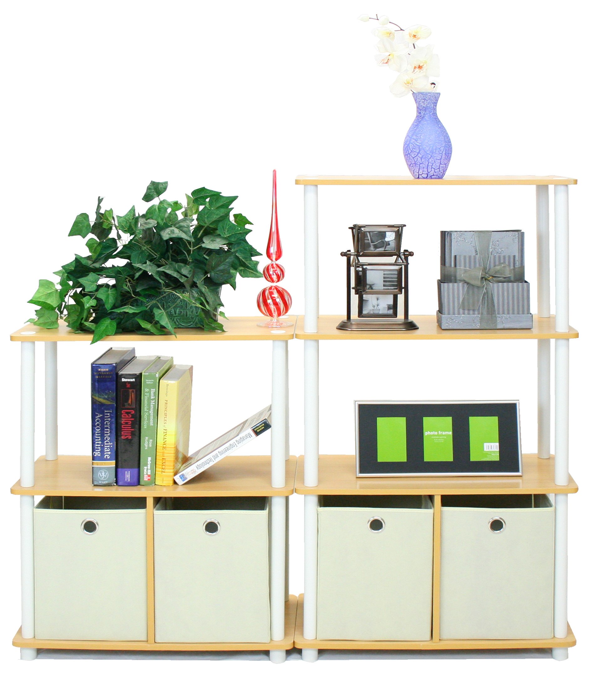 Furinno 3-Tier Multipurpose Storage Shelf - Space Saving Bookshelf Cabinet with 2 Bins for Home Office Organization, Beech Finish | Perfect for Storing Books, Toys, Kitchen Supplies & Home Decor