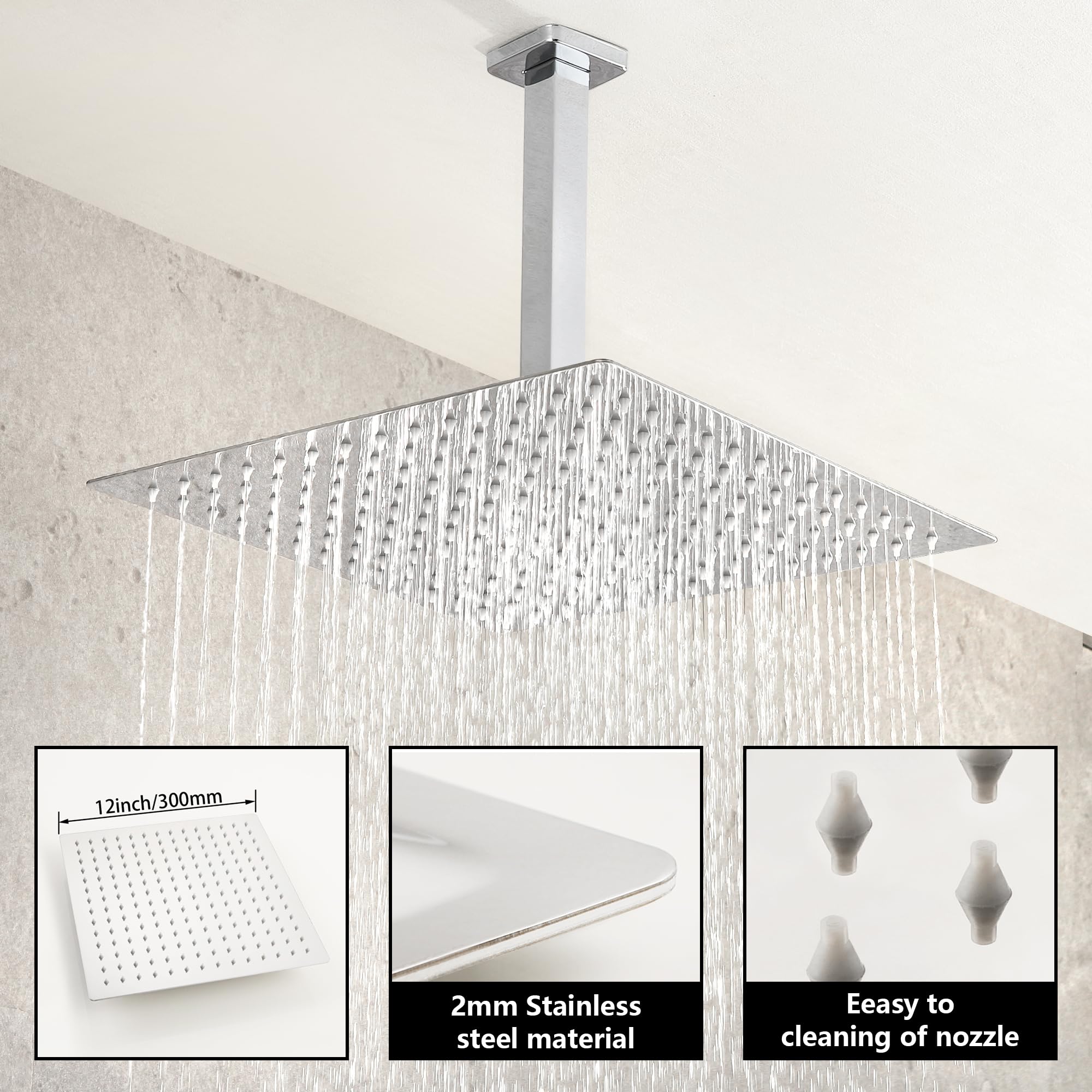 SKWOLL Polished Chrome Shower Faucet Set - 12 Inch Ceiling Mount Rain Shower Head with Digital LCD Display & 2-Function Valve Kit | Modern Bathroom Upgrade for Luxury Spa Experience