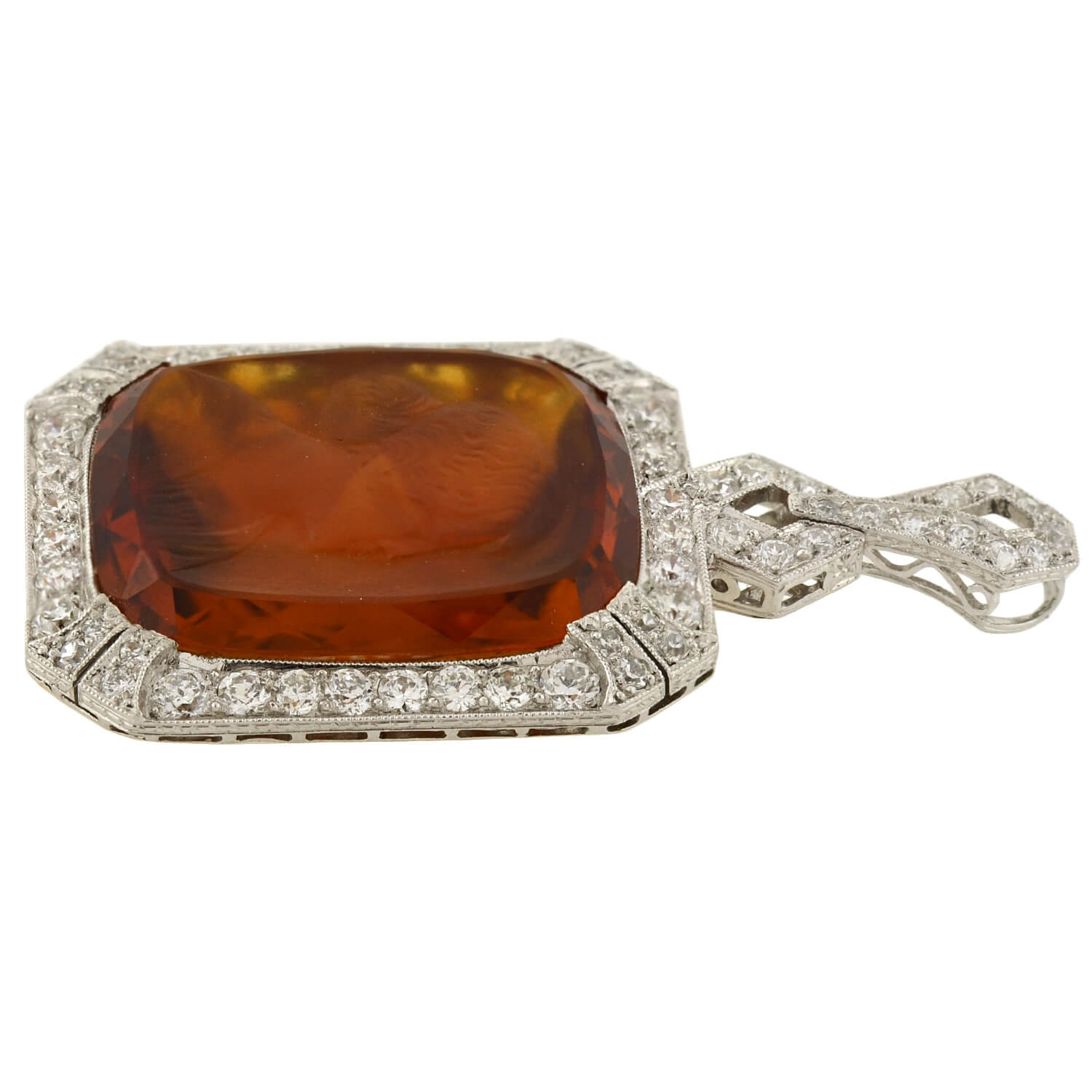 Vintage Art Deco Platinum Carved Citrine Cameo & Diamond Pendant Necklace - Elegant Jewelry for Weddings, Parties & Special Occasions