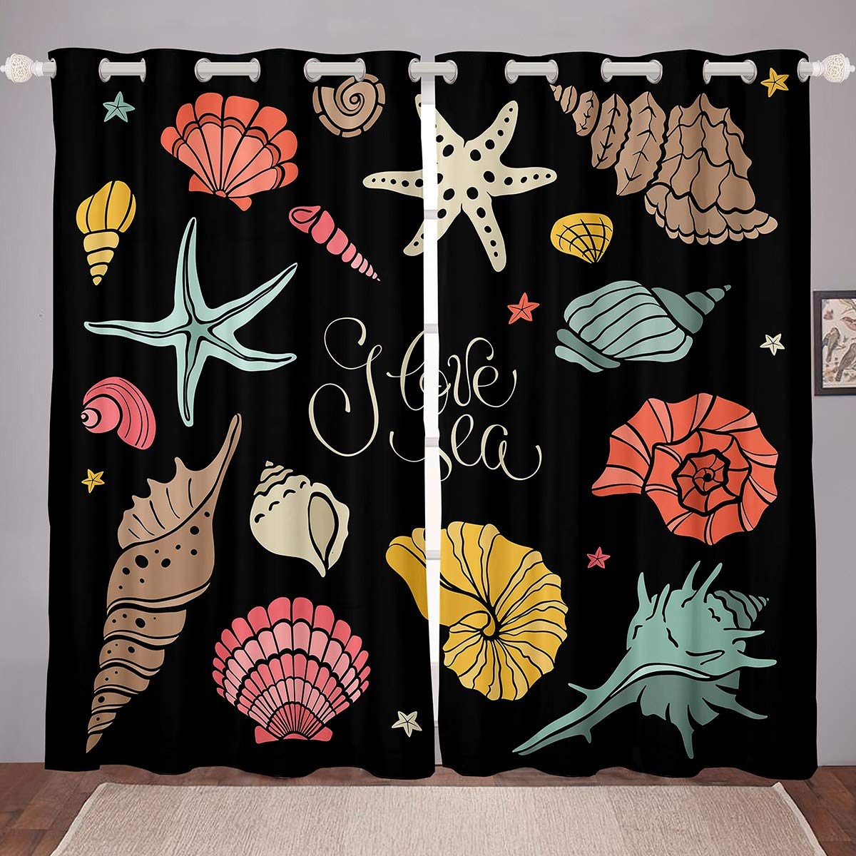Starfish Conch Ocean Themed Window Curtains - 104x63 Inch Sea Life Grommet Top Drapes for Kids Room, Beach House & Coastal Decor - Colorful Marine Creature Window Treatments for Bedroom, Living Room & Nursery