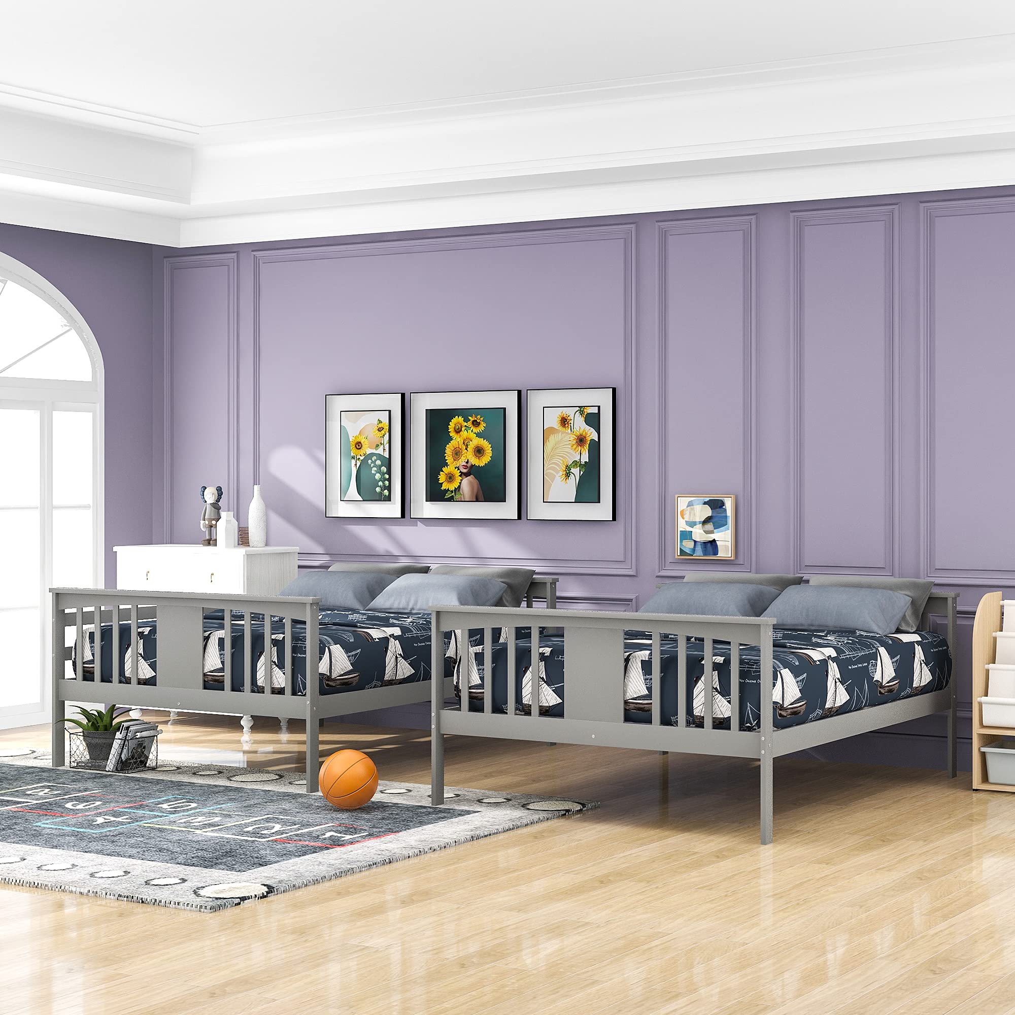 Harper & Bright Designs Full Over Full Bunk Bed - Solid Wood Twin Bunk Bed with Ladder, Space-Saving Grey Bunk Bed for Kids, Teens & Guest Rooms - Perfect for Small Bedrooms, Dorms & Vacation Homes