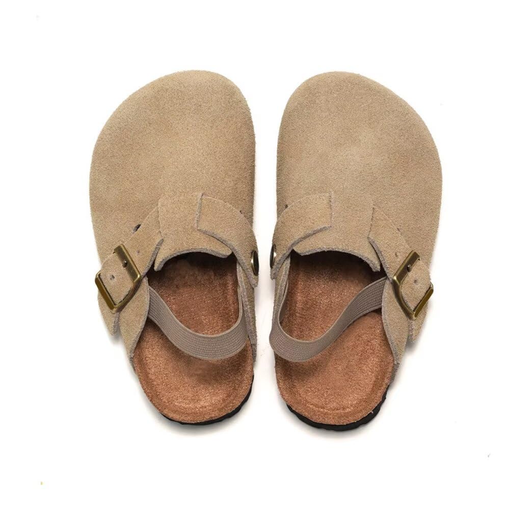 **Boys & Girls Suede Clogs for Toddlers – Adjustable Buckle Leather Mules with Cork Footbed & Arch Support – Comfortable Apricot Potato Shoes for Playtime & Casual Outings**