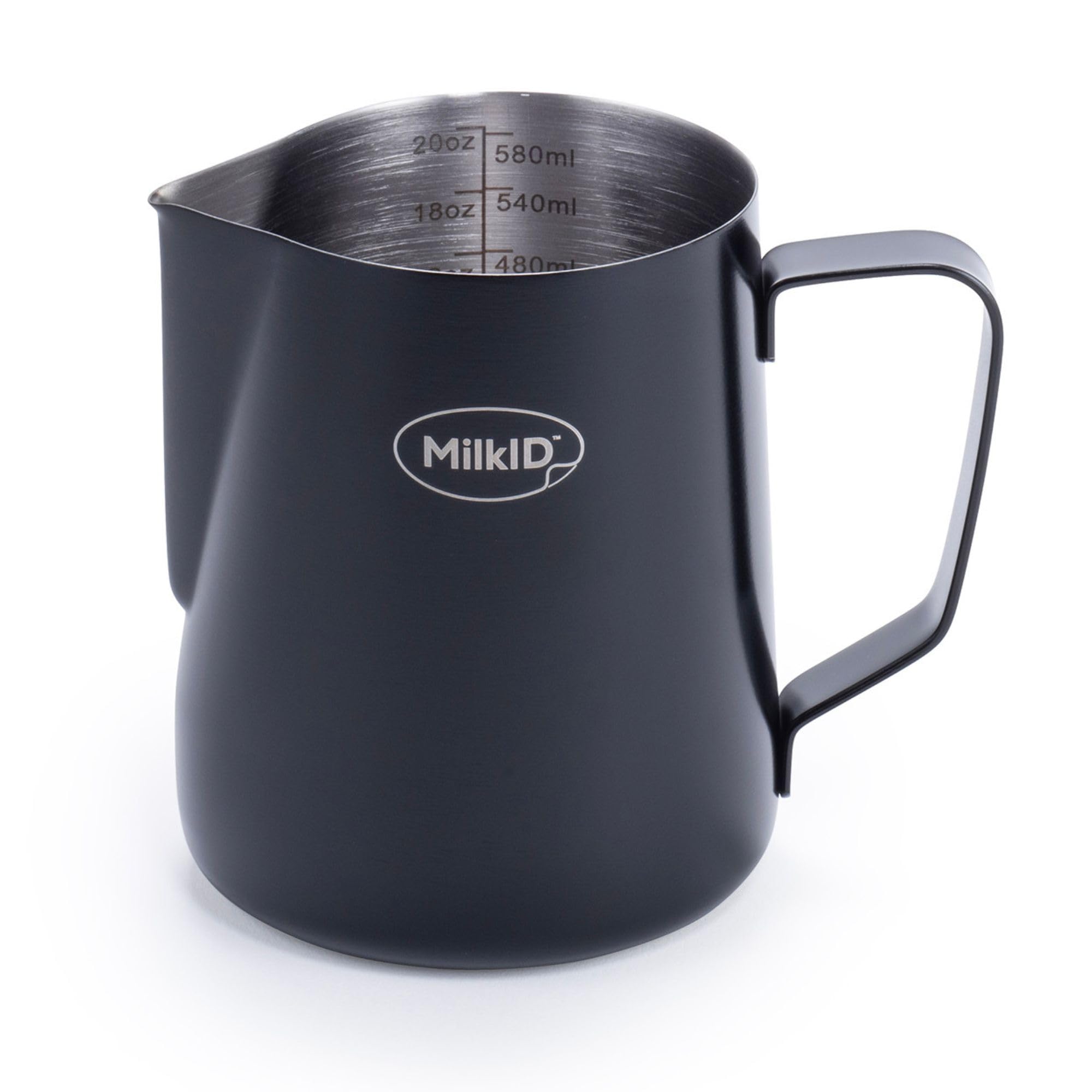Premium Stainless Steel Milk Frothing Pitcher 20oz - Barista Grade Espresso Accessory, Compatible with MilkID Labeling System - Perfect for Latte Art, Cappuccino & Coffee Shops (Black)