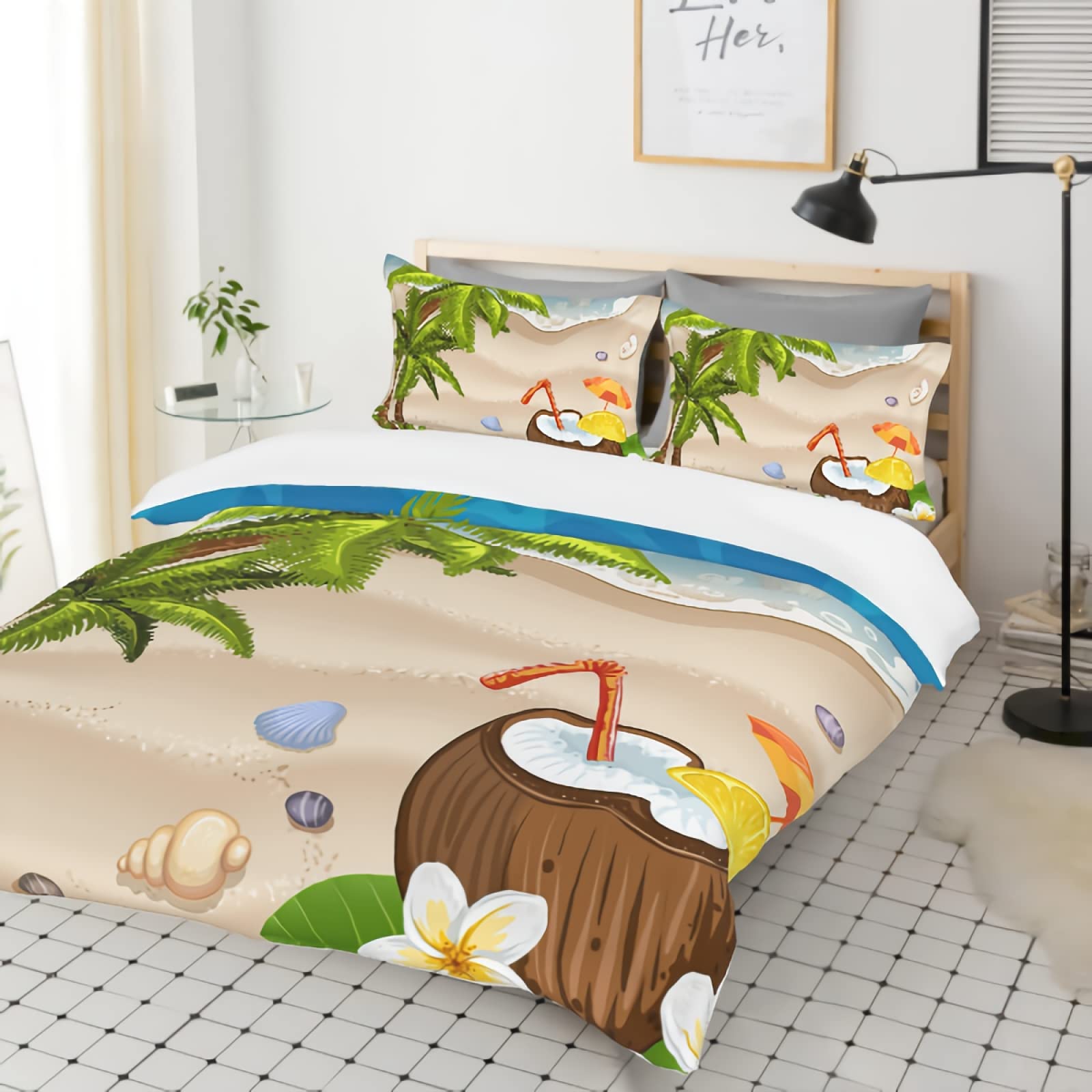 GREDBH Coastal Nature Themed 3-Piece Bedding Set - Large Palm Leaves Quilt Cover with Pillowcases | Soft Cotton Lightweight All-Season Beach Style Bedding for Master Bedroom, Guest Room & Vacation Homes