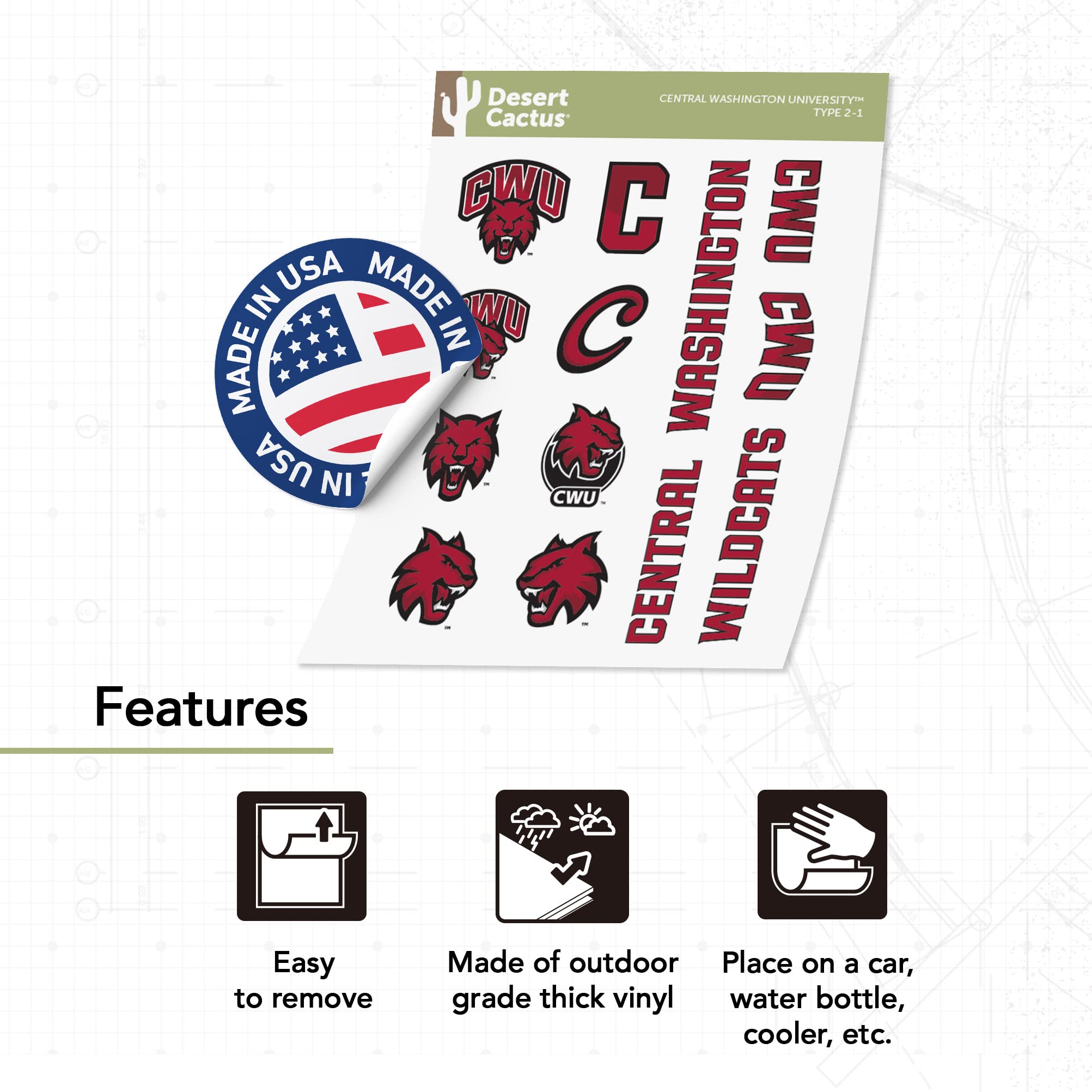 Washington State Wildcats Vinyl Stickers - Desert Cactus CWU Decals for Laptop, Water Bottle, Car & Scrapbooking | Durable Waterproof College Pride Decoration for Students & Alumni