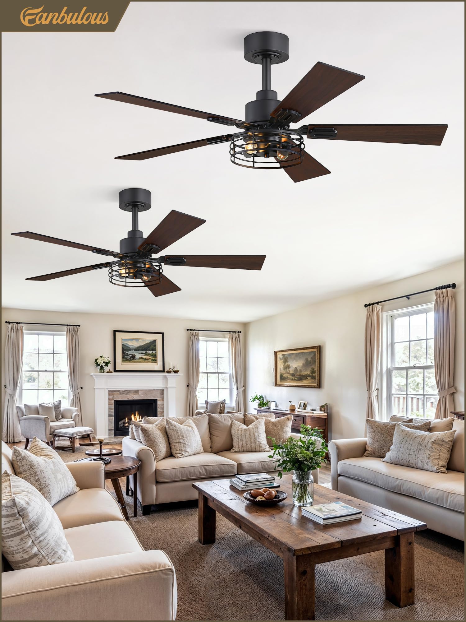 2 Pack Black Industrial Caged Ceiling Fan with Light - 42 Inch Farmhouse Style Rustic Ceiling Fan with 5 Double-Sided Blades - Perfect for Bedroom, Living Room, Patio & Indoor Outdoor Use