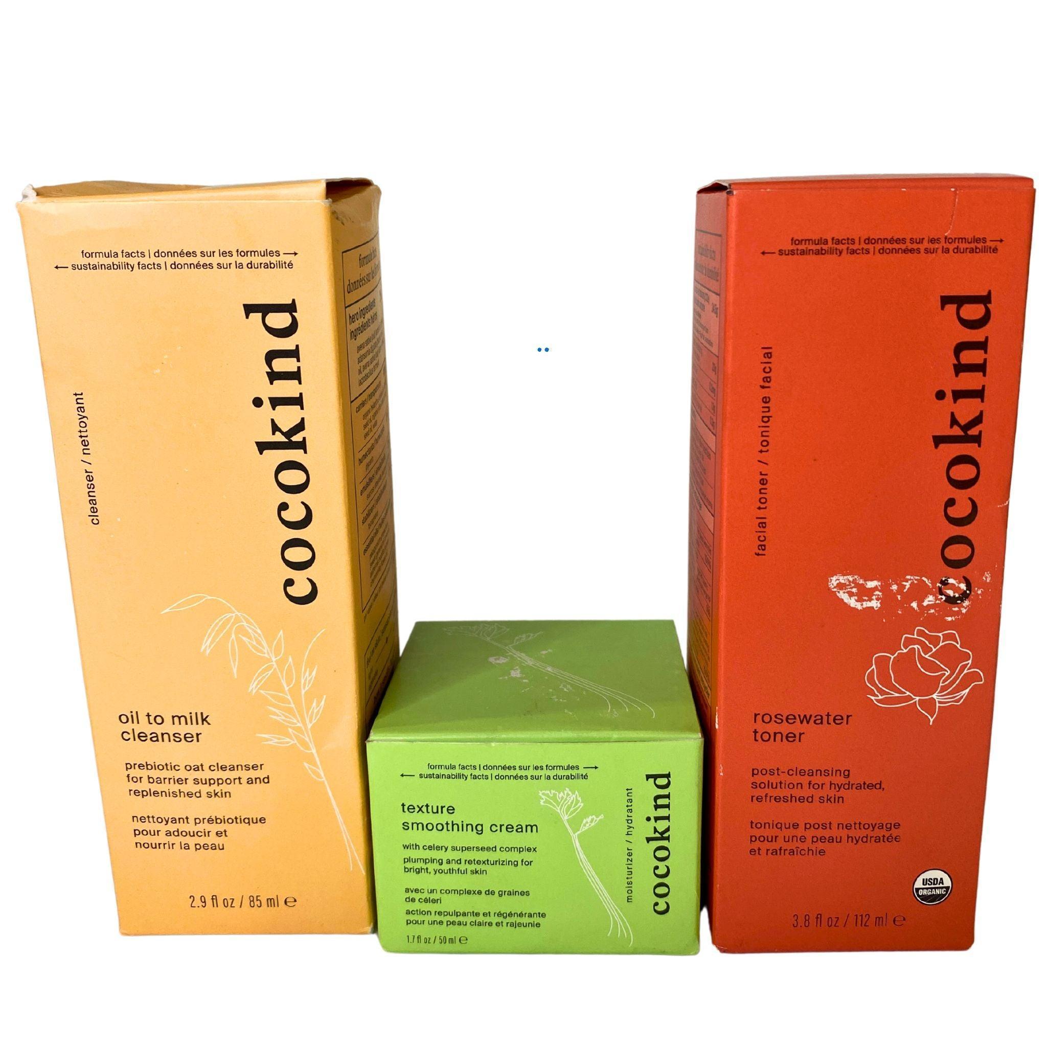 Cocokind Skincare Set - Oil to Milk Cleanser, Rosewater Toner & Smoothing Cream (17 Pcs) for Daily Face Care & Hydration - Perfect for Sensitive Skin & Natural Glow