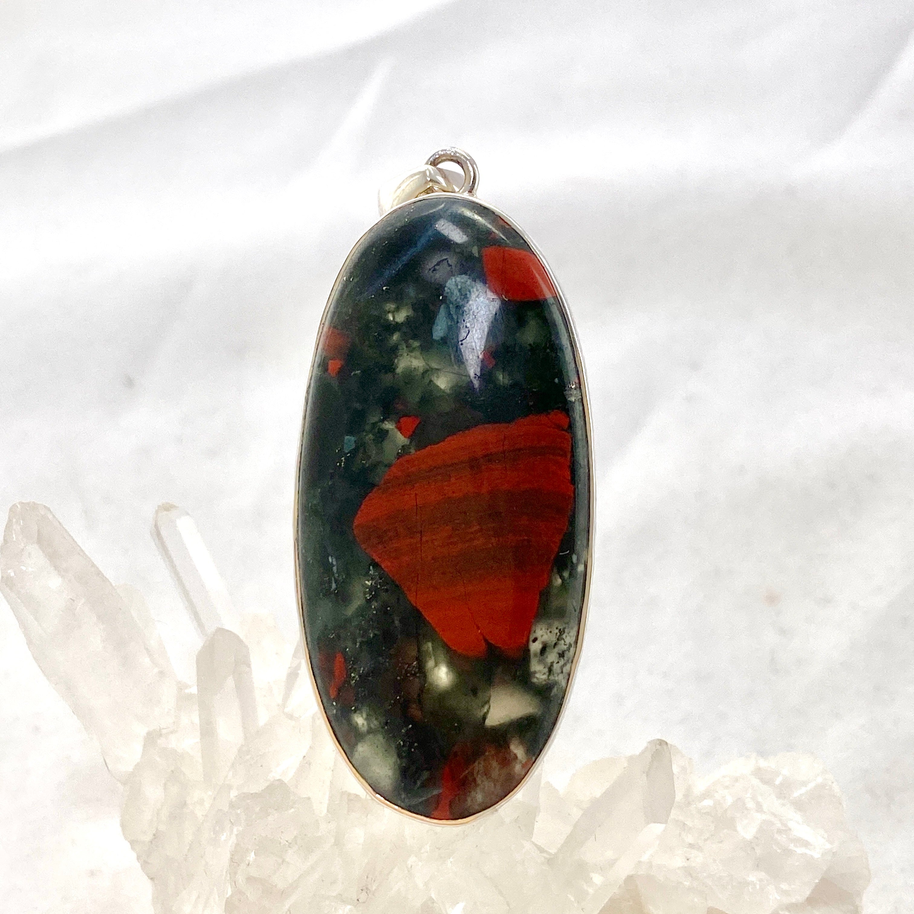 Natural Bloodstone Oval Cabochon Pendant in Handcrafted Hammered Sterling Silver Setting KPGJ4739 - Perfect for Healing Jewelry & Spiritual Gift Giving