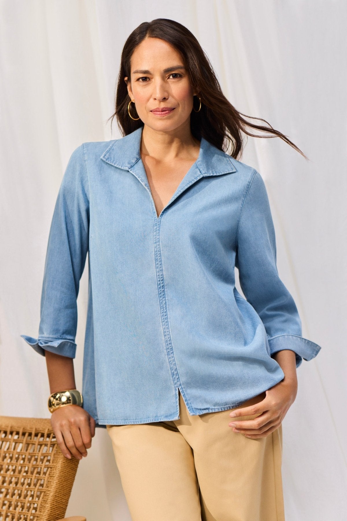 Agnes Tencel® Denim 3/4 Sleeve Popover Shirt for Women - Soft Sustainable Tencel Cotton Blend Top - Casual Office Wear & Weekend Outfits