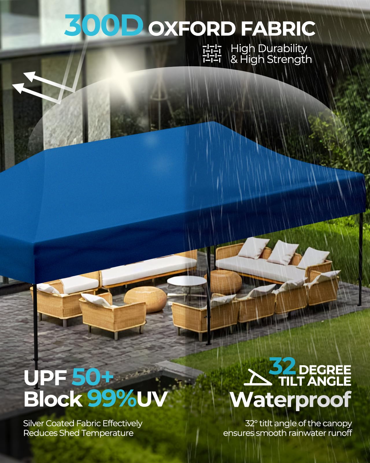 10x20 Commercial Pop Up Canopy Tent with Roller Bag - Adjustable Height Pull Ring Design - UPF50+ UV Protection - Includes 6 Stakes, 6 Sandbags & 6 Ropes - Perfect for Outdoor Events, Beach Parties, Farmers Markets, Camping & Backyard Gatherings - Blue