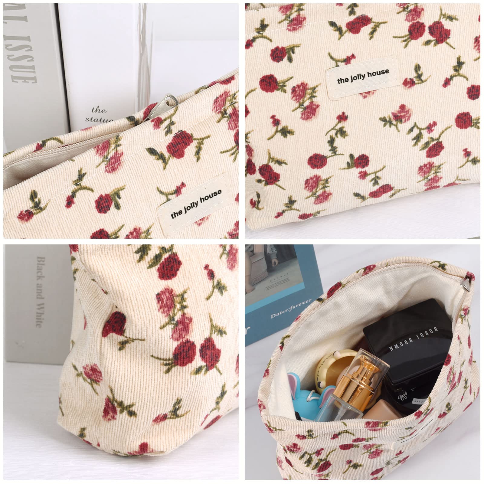 Fycyko Rose Flower Printed Canvas Cosmetic Bag - Corduroy Toiletry Organizer with Zipper, Small Makeup Pouch for Women & Girls (Beige) | Perfect for Travel, Beauty Storage, School Supplies & Gift Giving