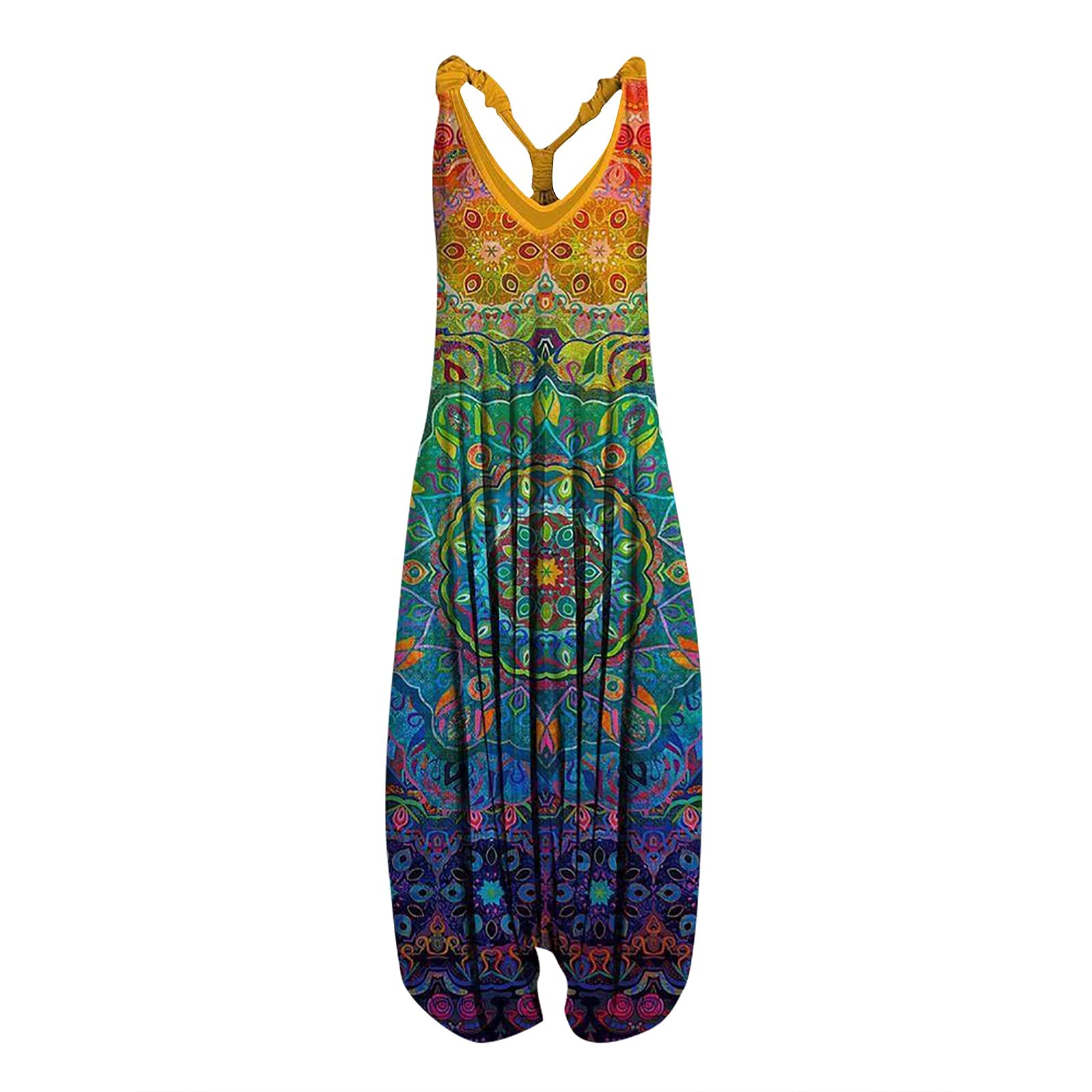 EKOUSN Women's Vintage Racerback Harem Jumpsuit - V-Neck Off Shoulder Romper with Flowy Pants | Casual Summer Outfit, Beach Cover Up, Boho Festival Wear