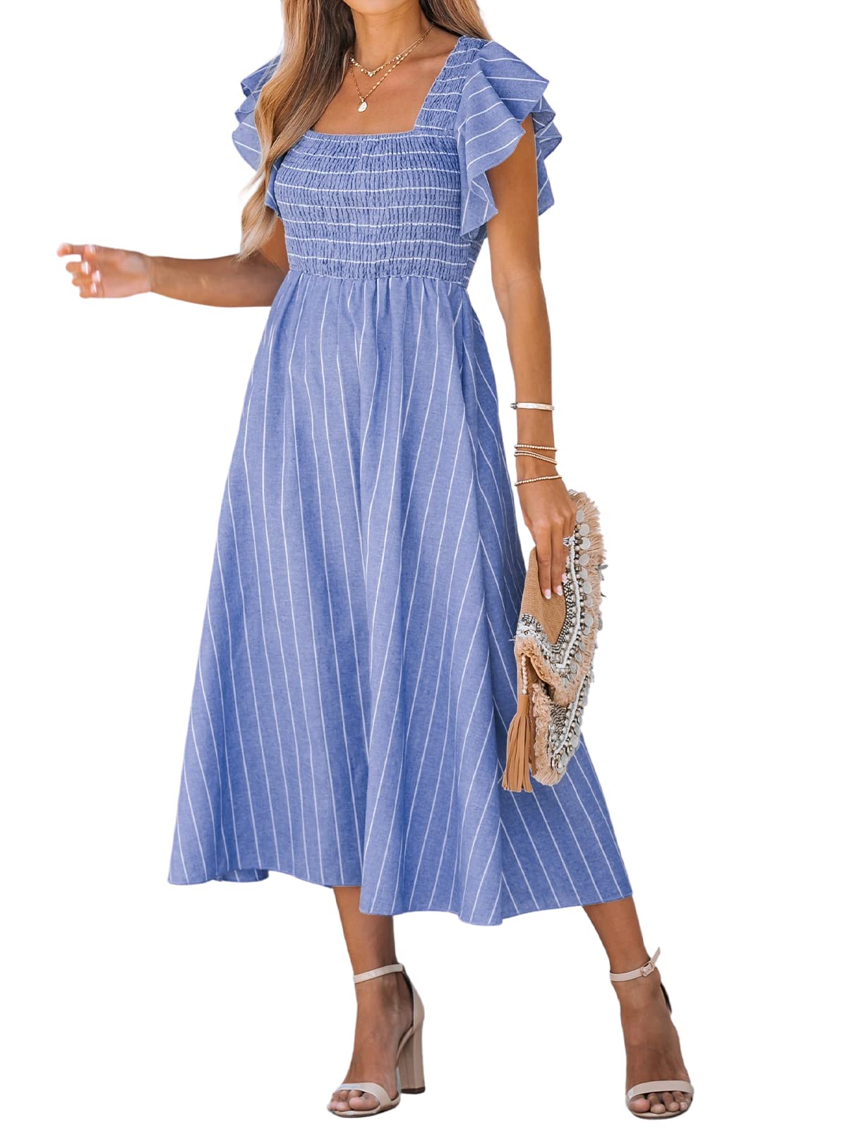 CUPSHE Women's Summer Striped Smocked Maxi Dress with Square Neck & Ruffled Cap Sleeves | A-Line Formal Beach Dress for Vacation, Wedding Guest & Outdoor Events