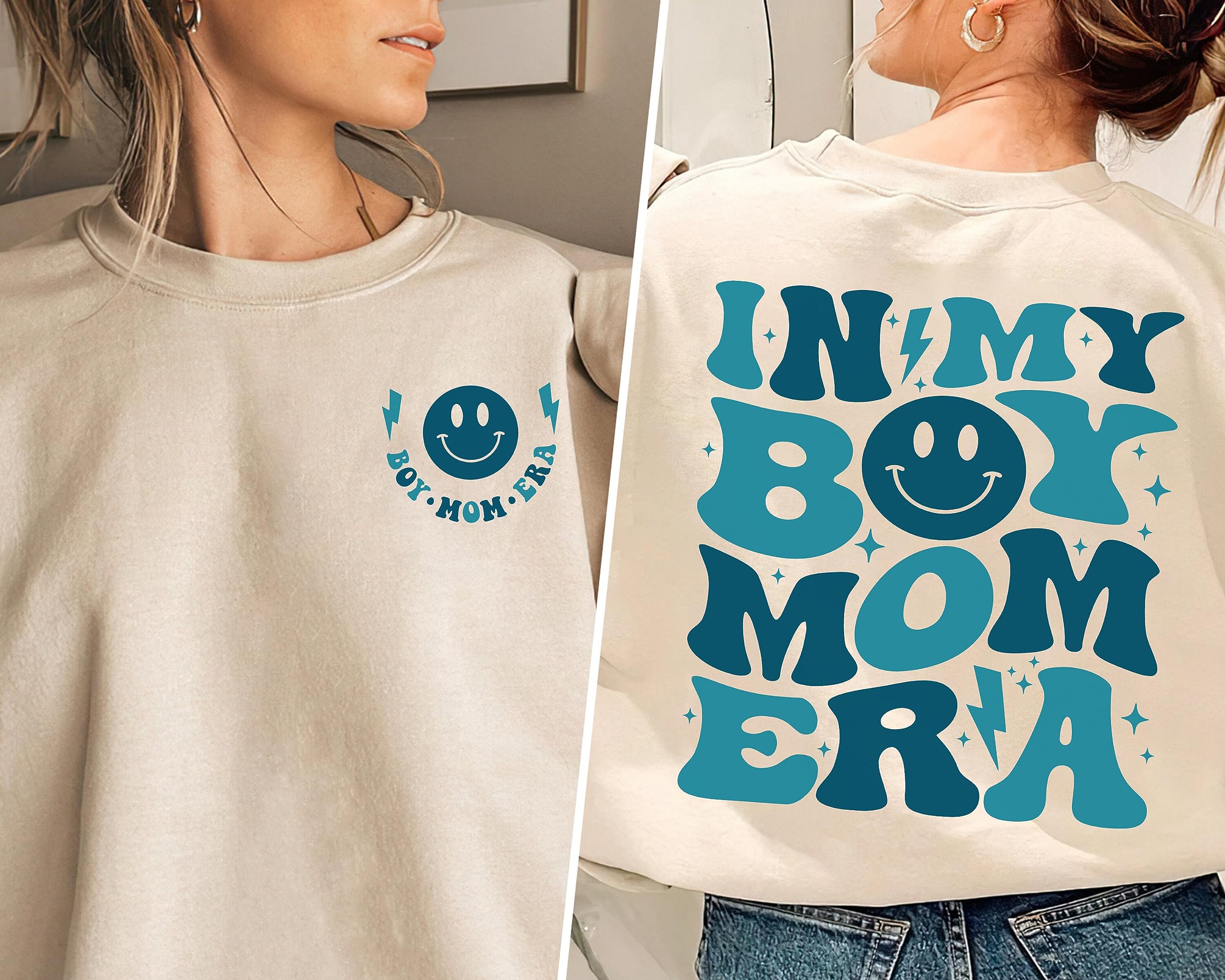 Groovy Boy Mom Era Graphic Sweatshirt - 2-Side Print Crewneck for Moms - Perfect for Casual Wear, Playdates & Family Outings