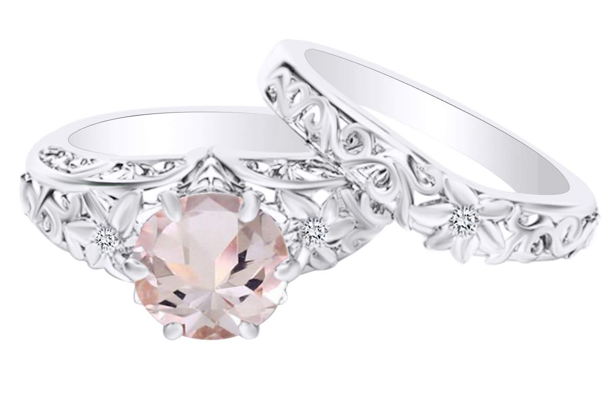 1.23 Carat (Cttw) Round Simulated Morganite & Natural Diamond Engagement Ring in 14K Solid Gold - Elegant Bridal Jewelry for Proposals, Weddings & Anniversaries